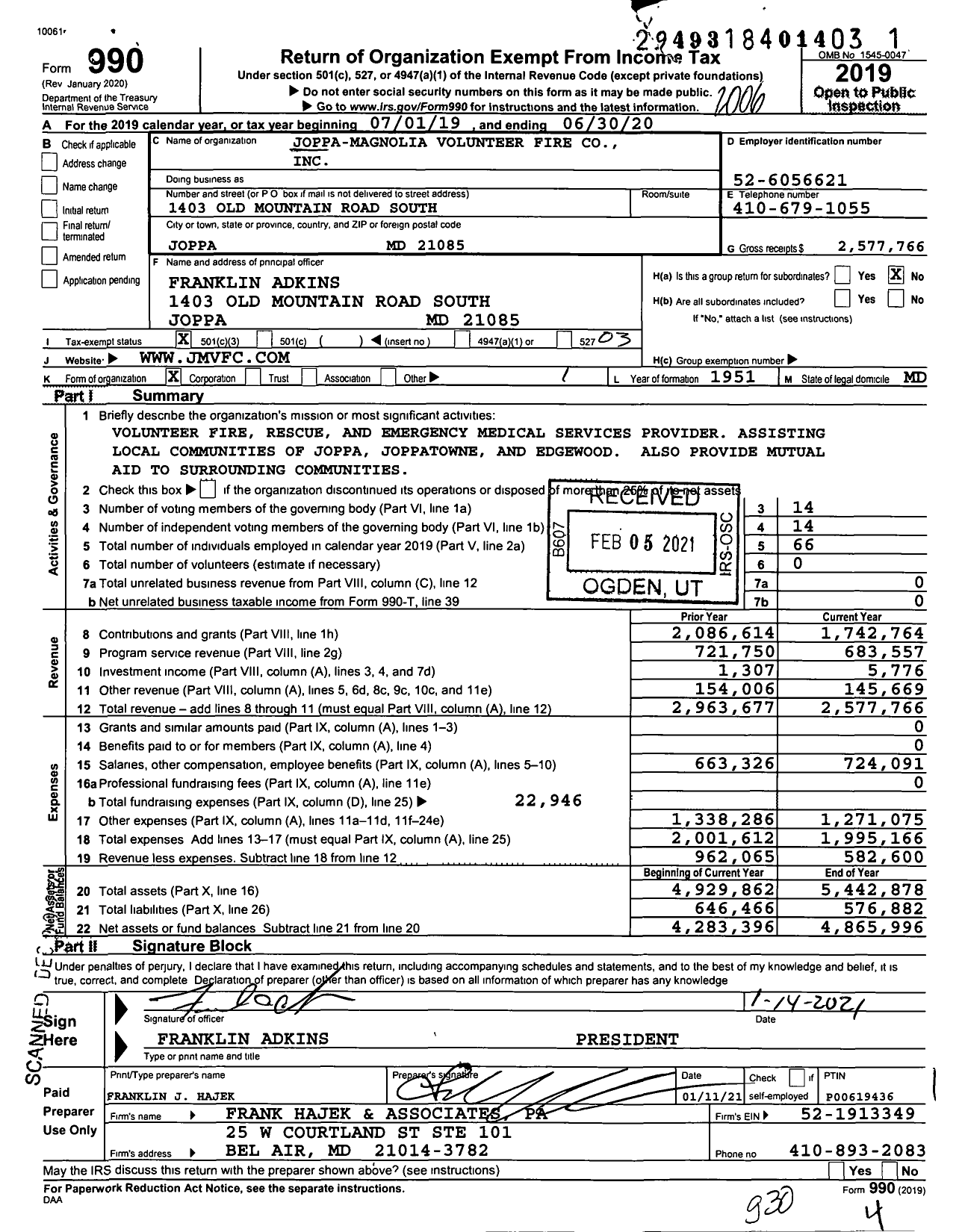 Image of first page of 2019 Form 990 for Joppa-Magnolia Volunteer Fire