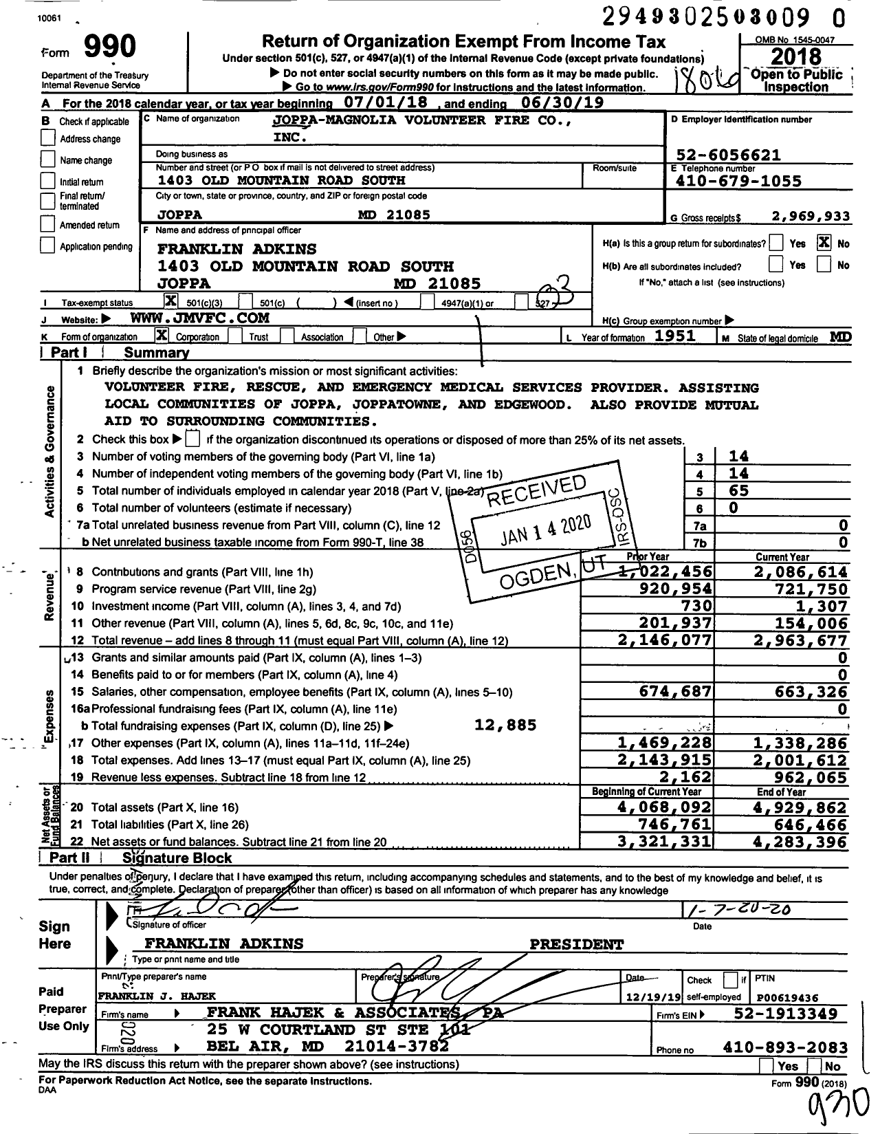 Image of first page of 2018 Form 990 for Joppa-Magnolia Volunteer Fire