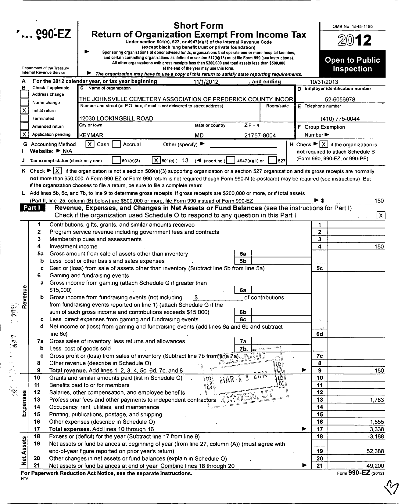 Image of first page of 2012 Form 990EO for Johnsville Cemetery Association of Frederick County