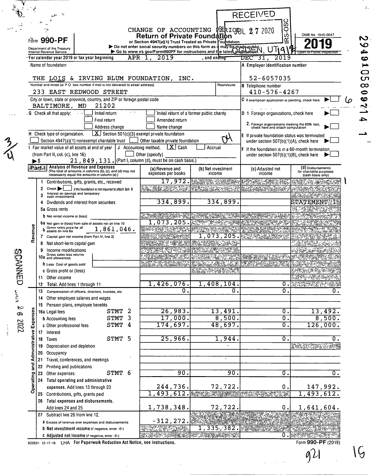 Image of first page of 2019 Form 990PF for The Lois and Irving Blum Foundation