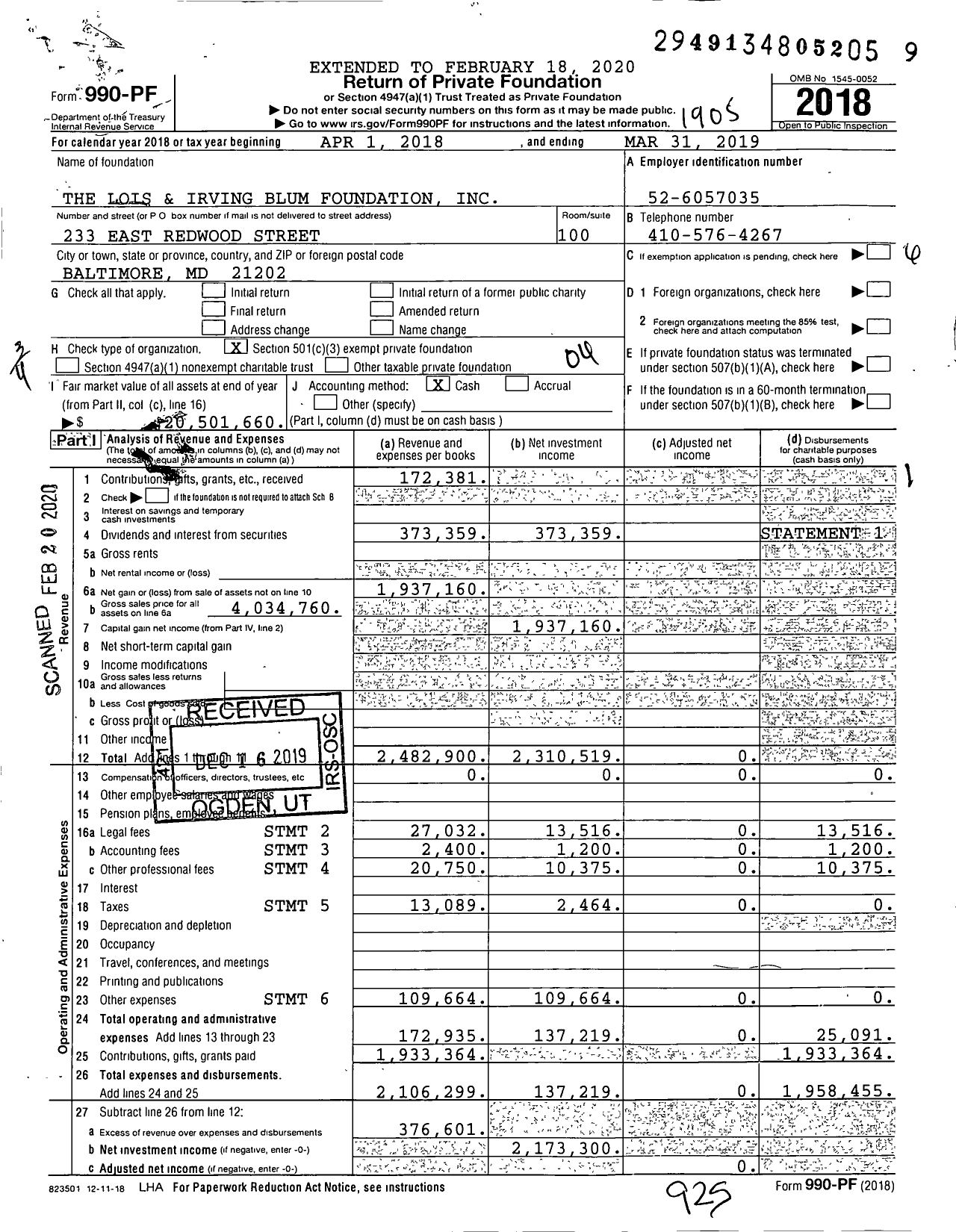 Image of first page of 2018 Form 990PF for The Lois and Irving Blum Foundation
