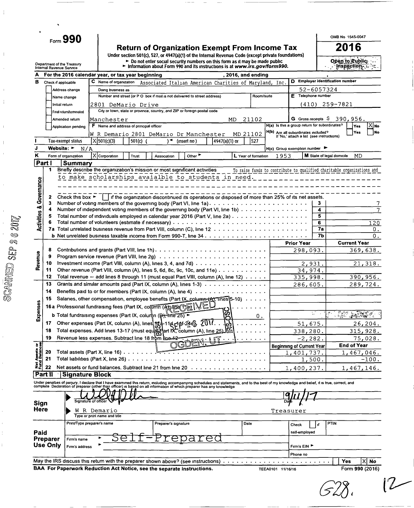 Image of first page of 2016 Form 990 for Associated Italian American Charities of Maryland