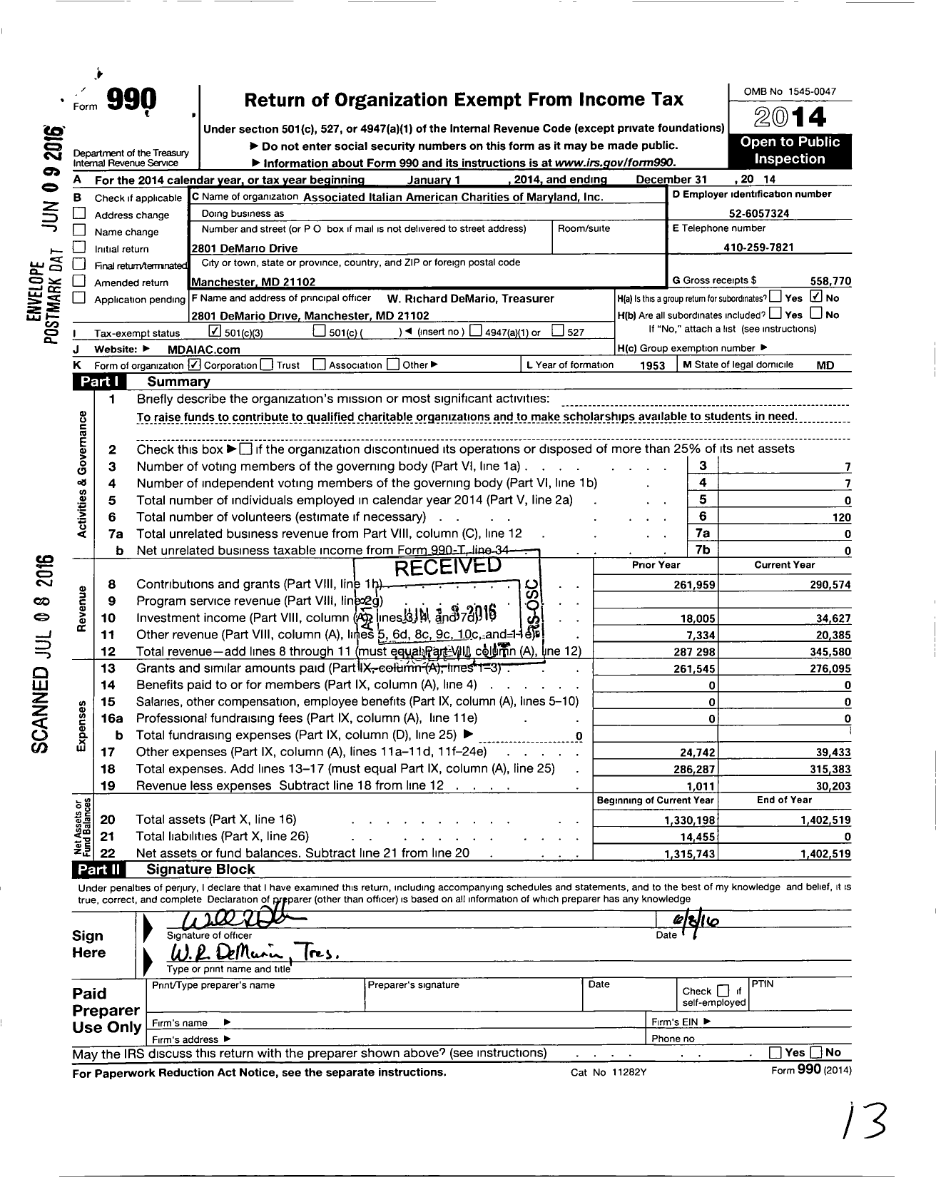 Image of first page of 2014 Form 990 for Associated Italian American Charities of Maryland