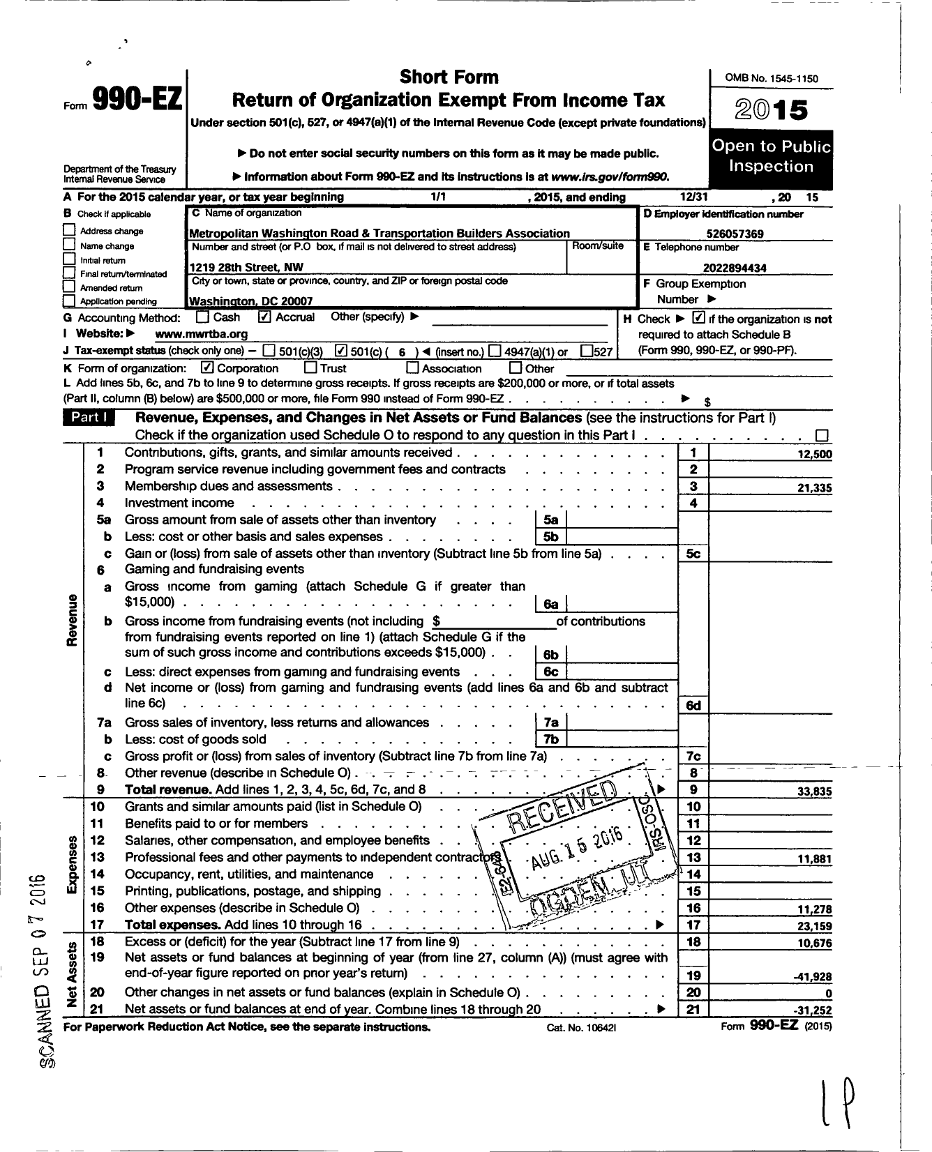 Image of first page of 2015 Form 990EO for Metropolitan Washington Road and Transportation Builders Association