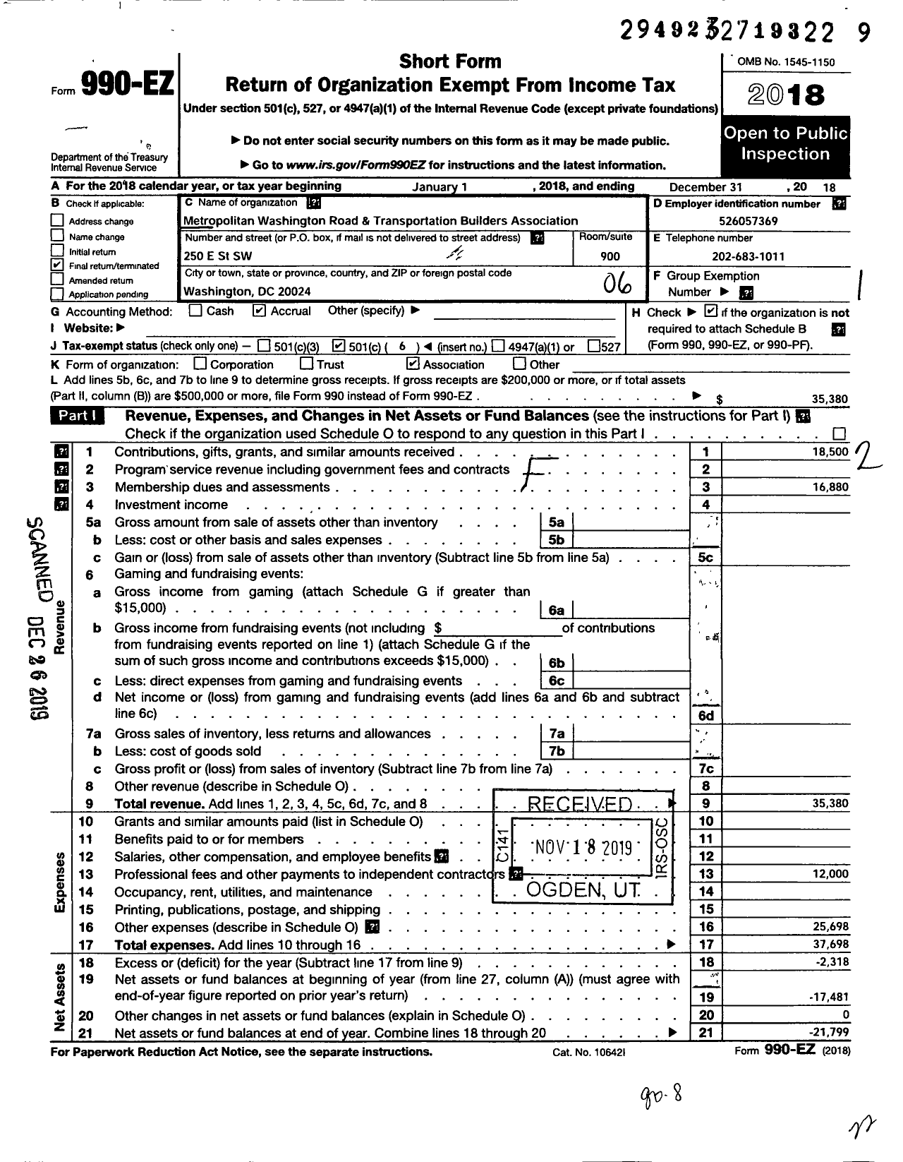 Image of first page of 2018 Form 990EO for Metropolitan Washington Road and Transportation Builders Association