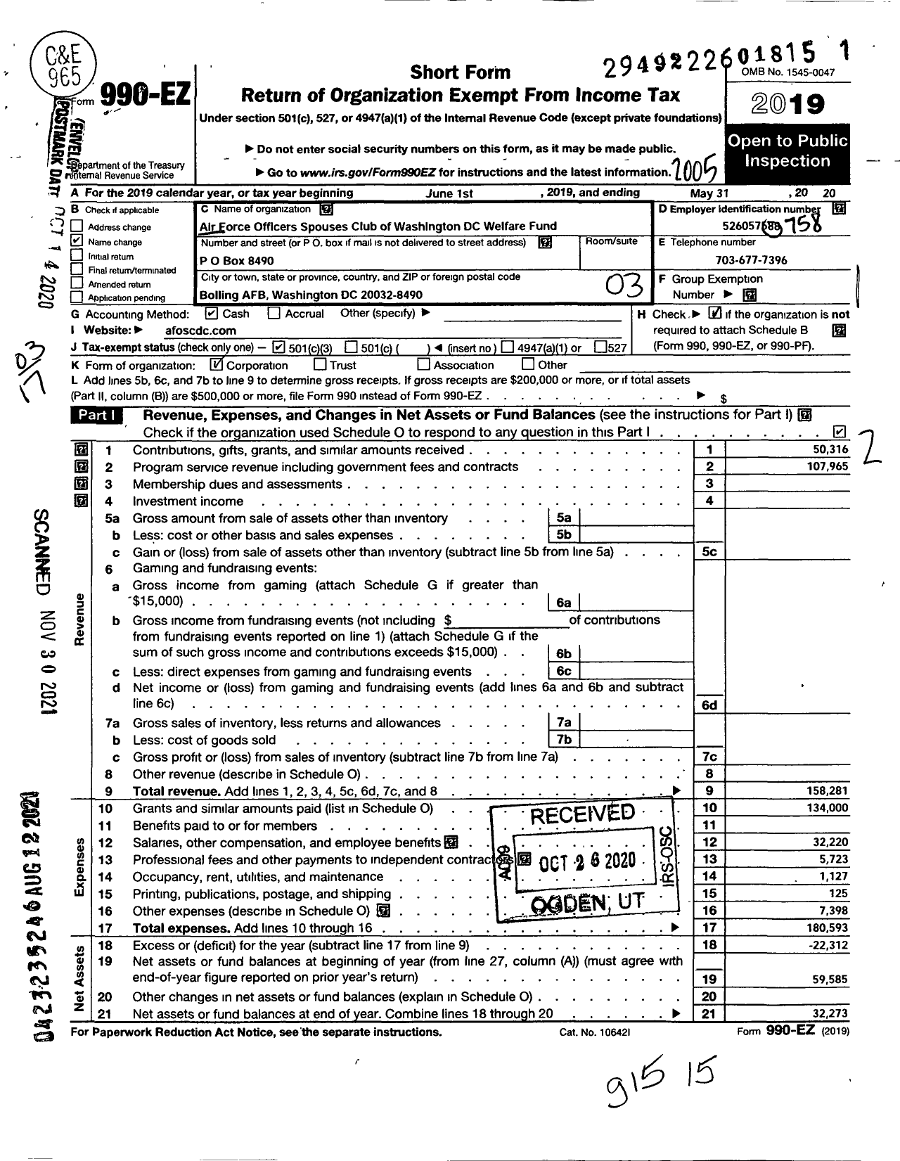 Image of first page of 2019 Form 990EZ for AirForce Force Officers Spouses Club of Washington DC Welfare Fund