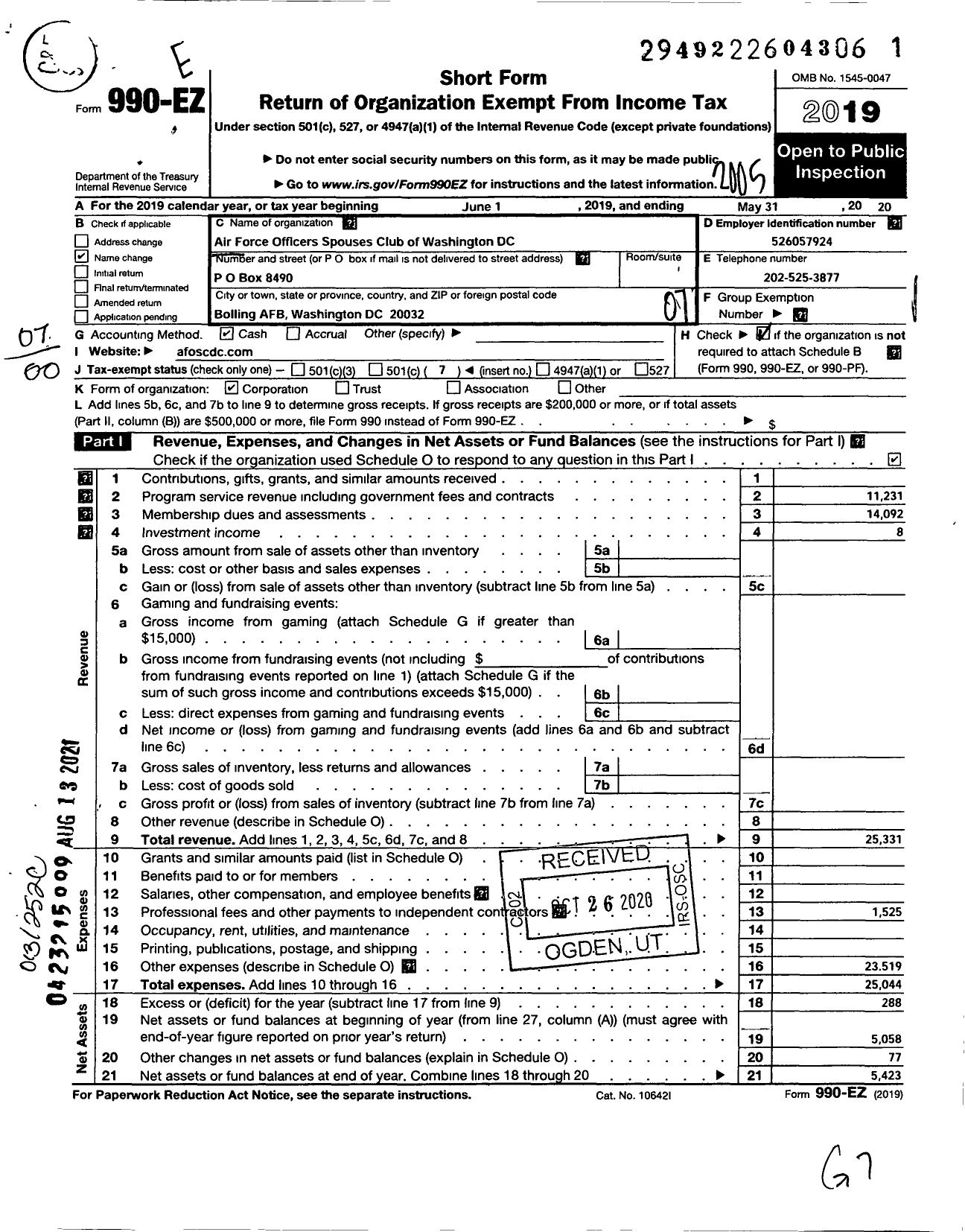 Image of first page of 2019 Form 990EO for AirForce Force Officers Spouses Club of Washington DC