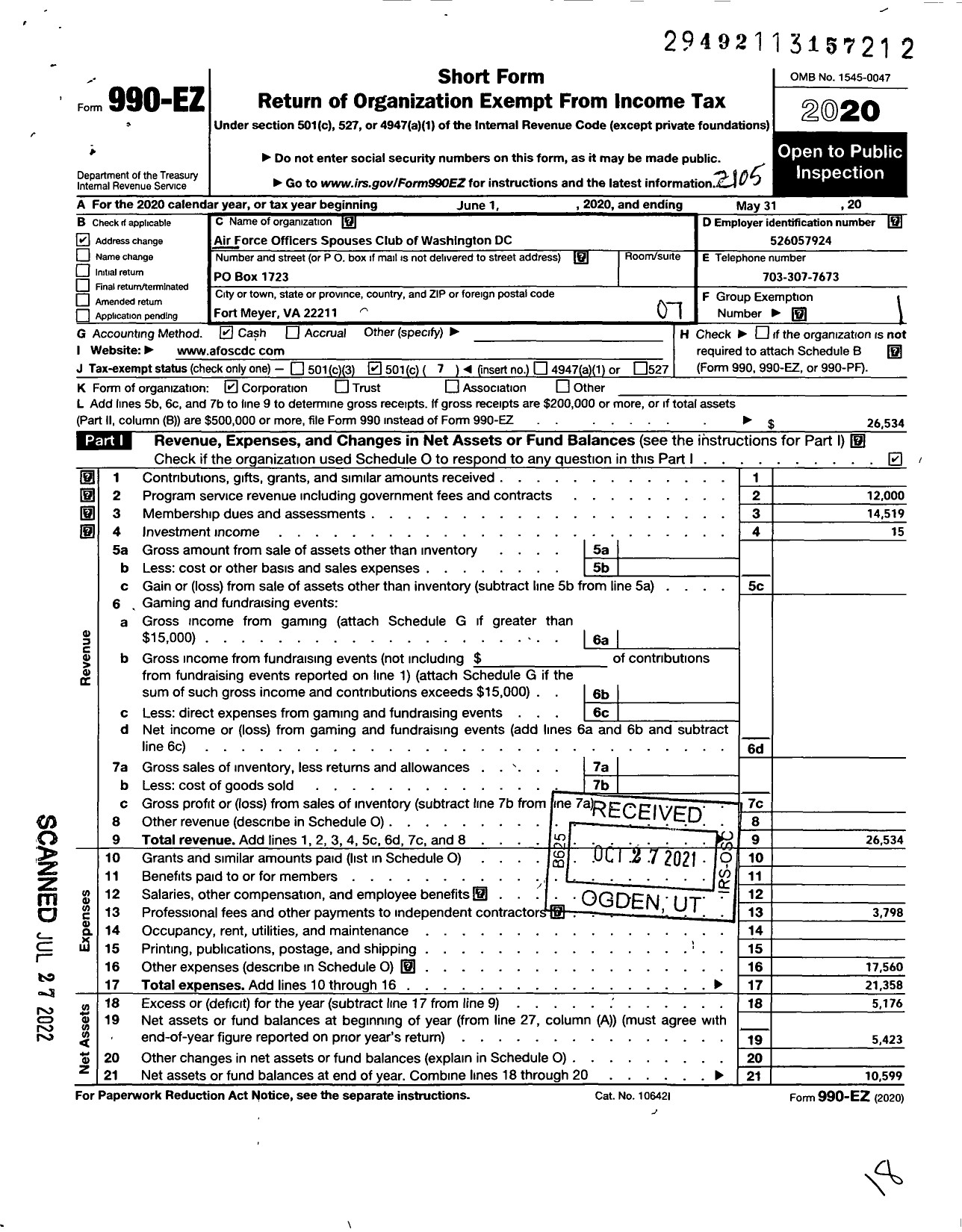 Image of first page of 2020 Form 990EO for AirForce Force Officers Spouses Club of Washington DC