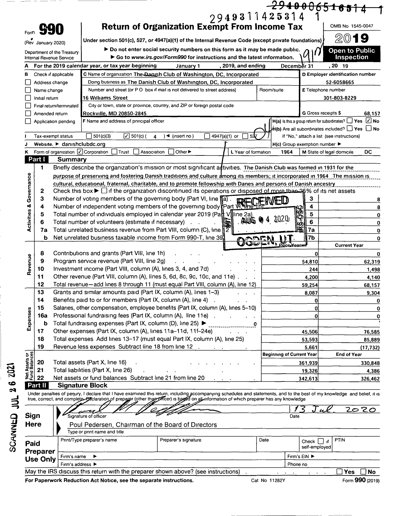 Image of first page of 2019 Form 990O for The Danish Club of Washington DC Incorporated