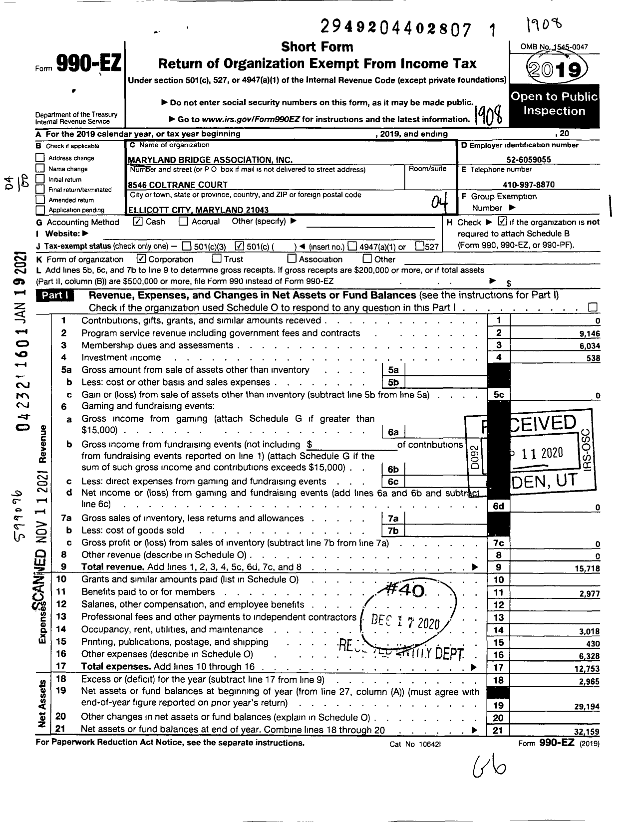 Image of first page of 2018 Form 990EO for Maryland Bridge Association