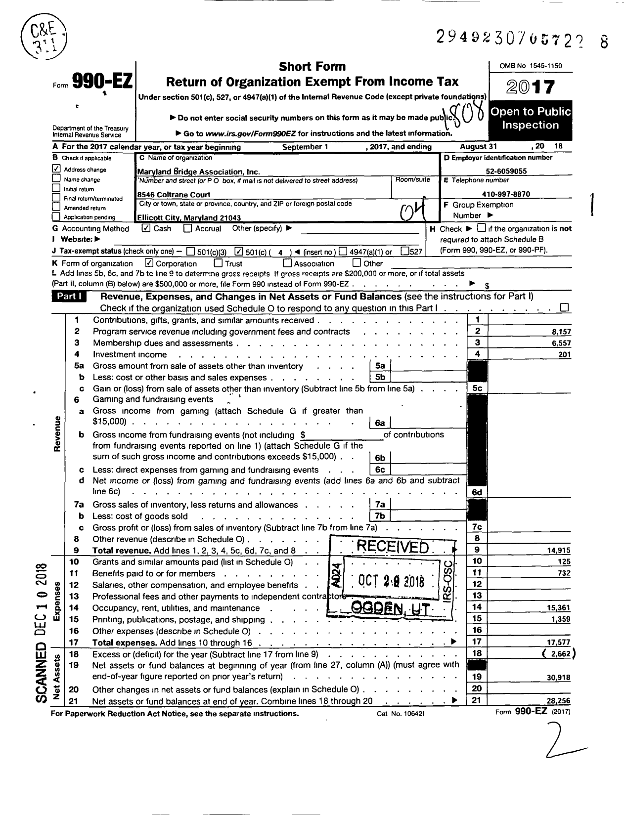 Image of first page of 2017 Form 990EO for Maryland Bridge Association