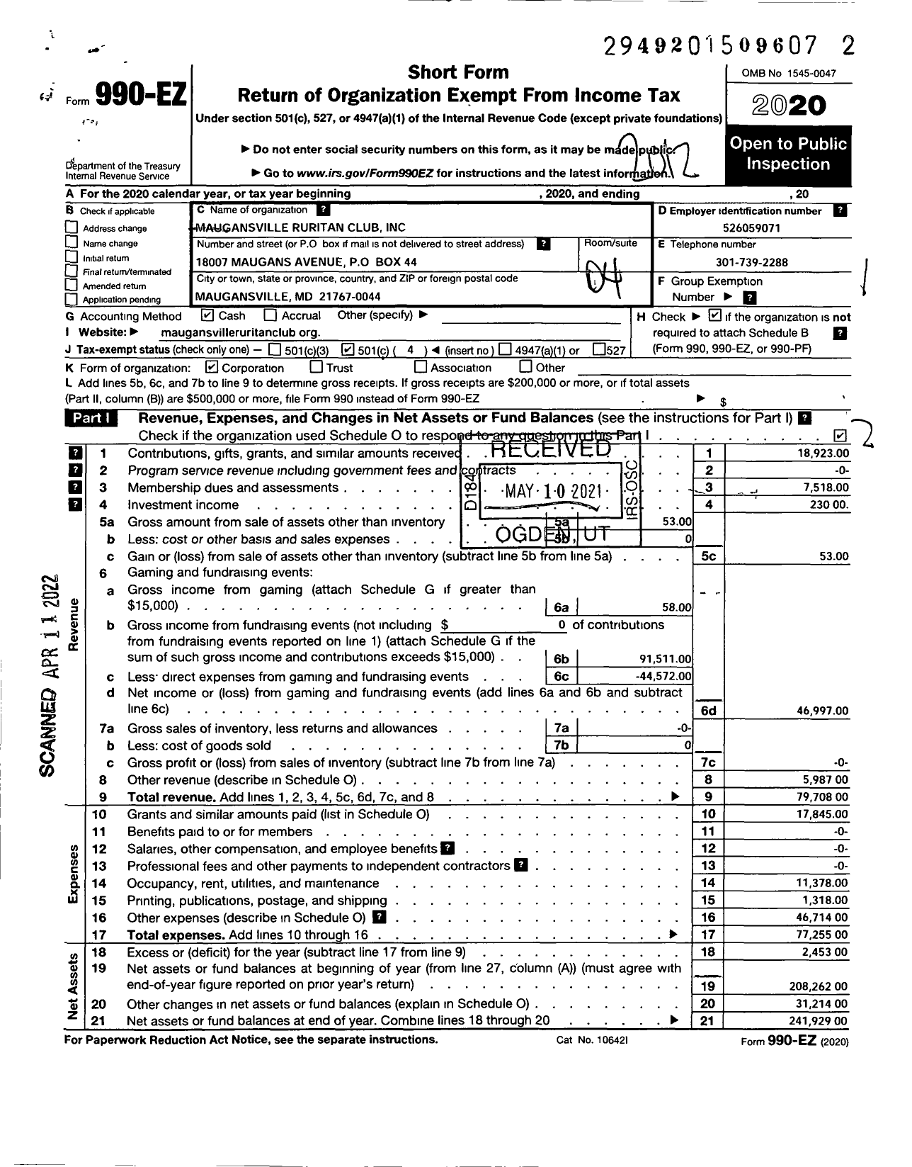 Image of first page of 2020 Form 990EO for Ruritan - Maugansville