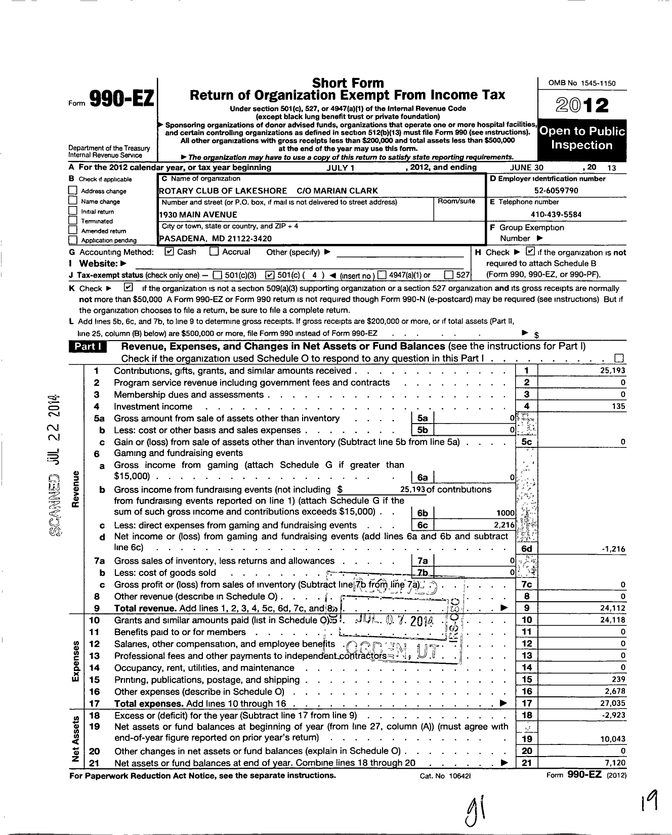 Image of first page of 2012 Form 990EO for Rotary Club of Lake Shore