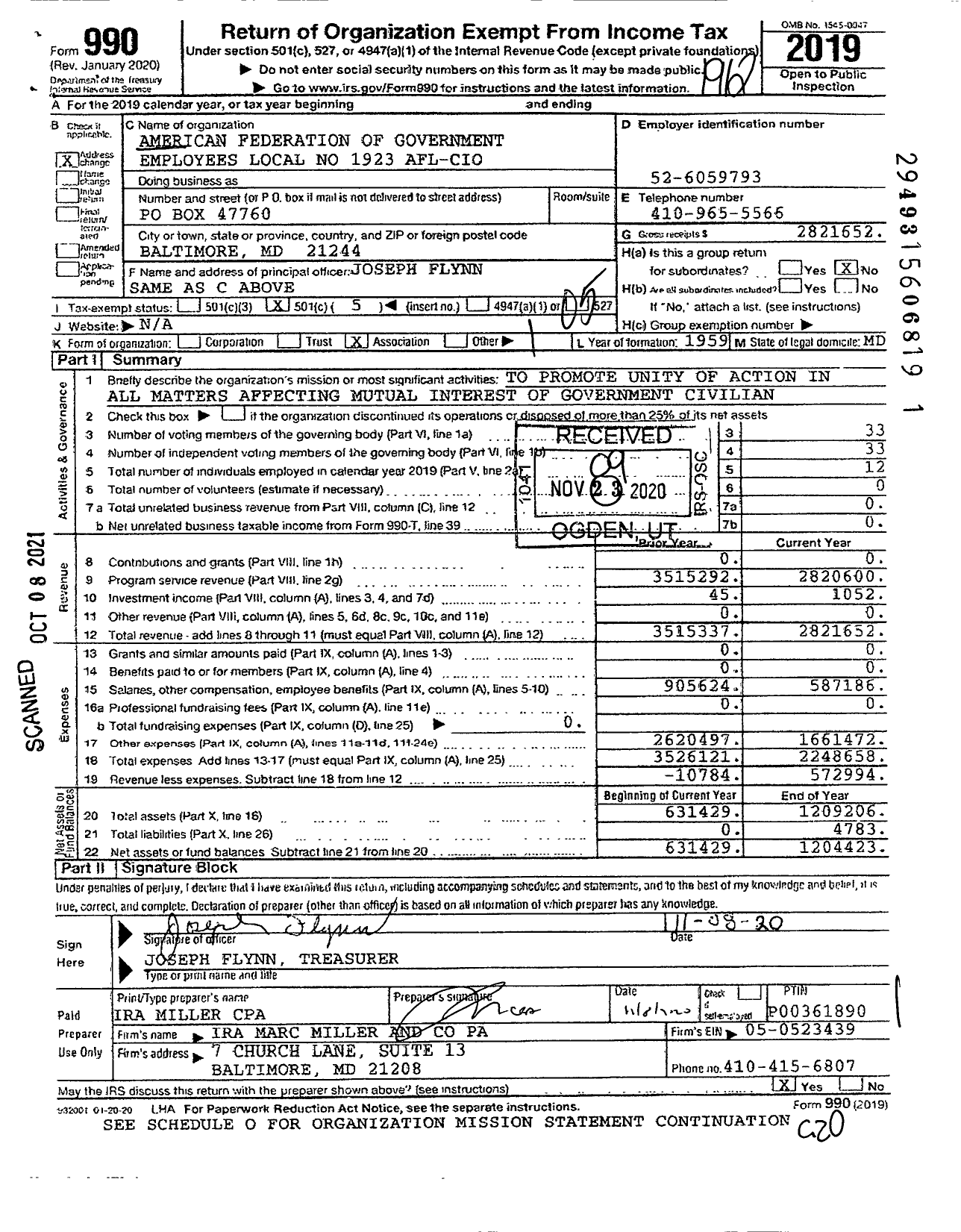 Image of first page of 2019 Form 990O for AMERICAN FEDERATION OF GOVERNMENT EMPLOYEES - 1923 Afge Va HHS Ssa Local