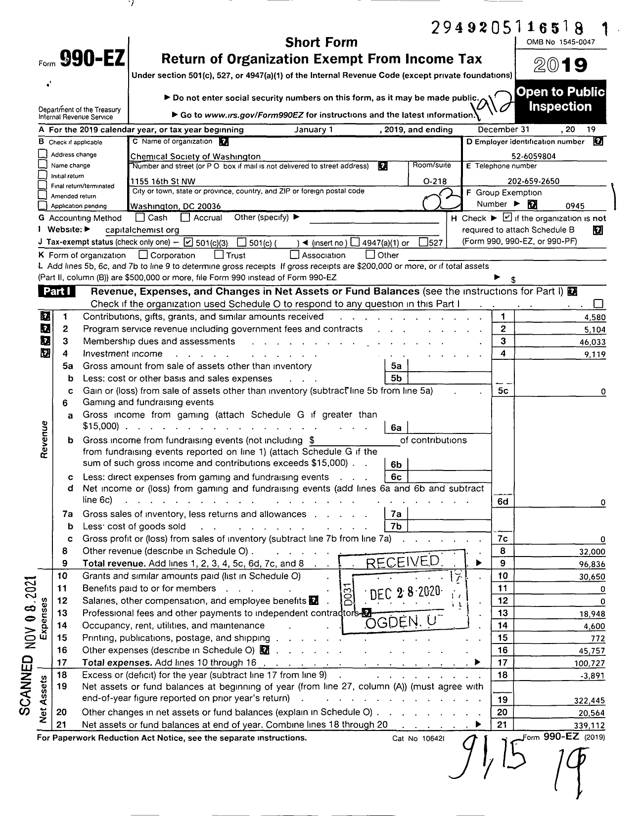 Image of first page of 2019 Form 990EZ for American Chemical Society - Chemical Society of Washington Sect