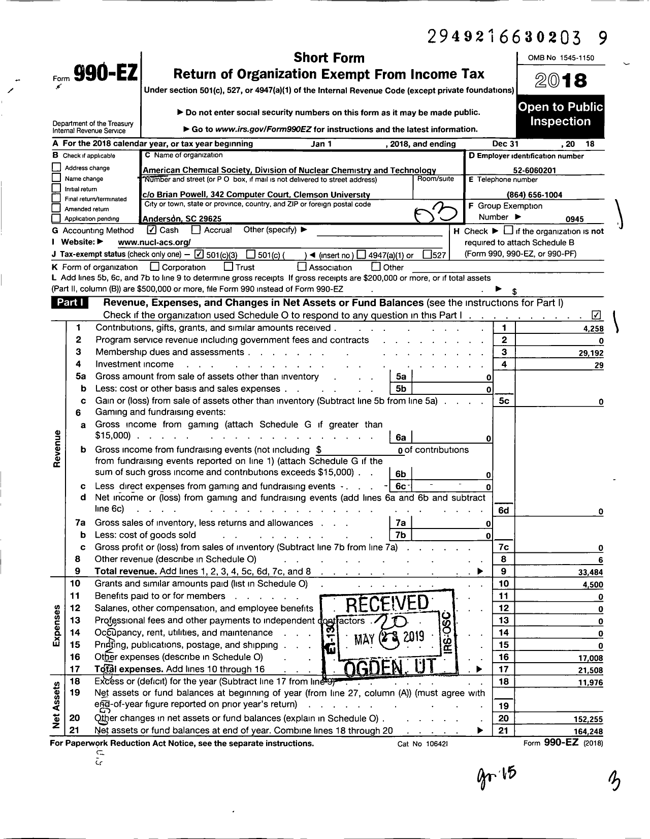 Image of first page of 2018 Form 990EZ for American Chemical Society - Nuclear Chemistry & Technology Divi