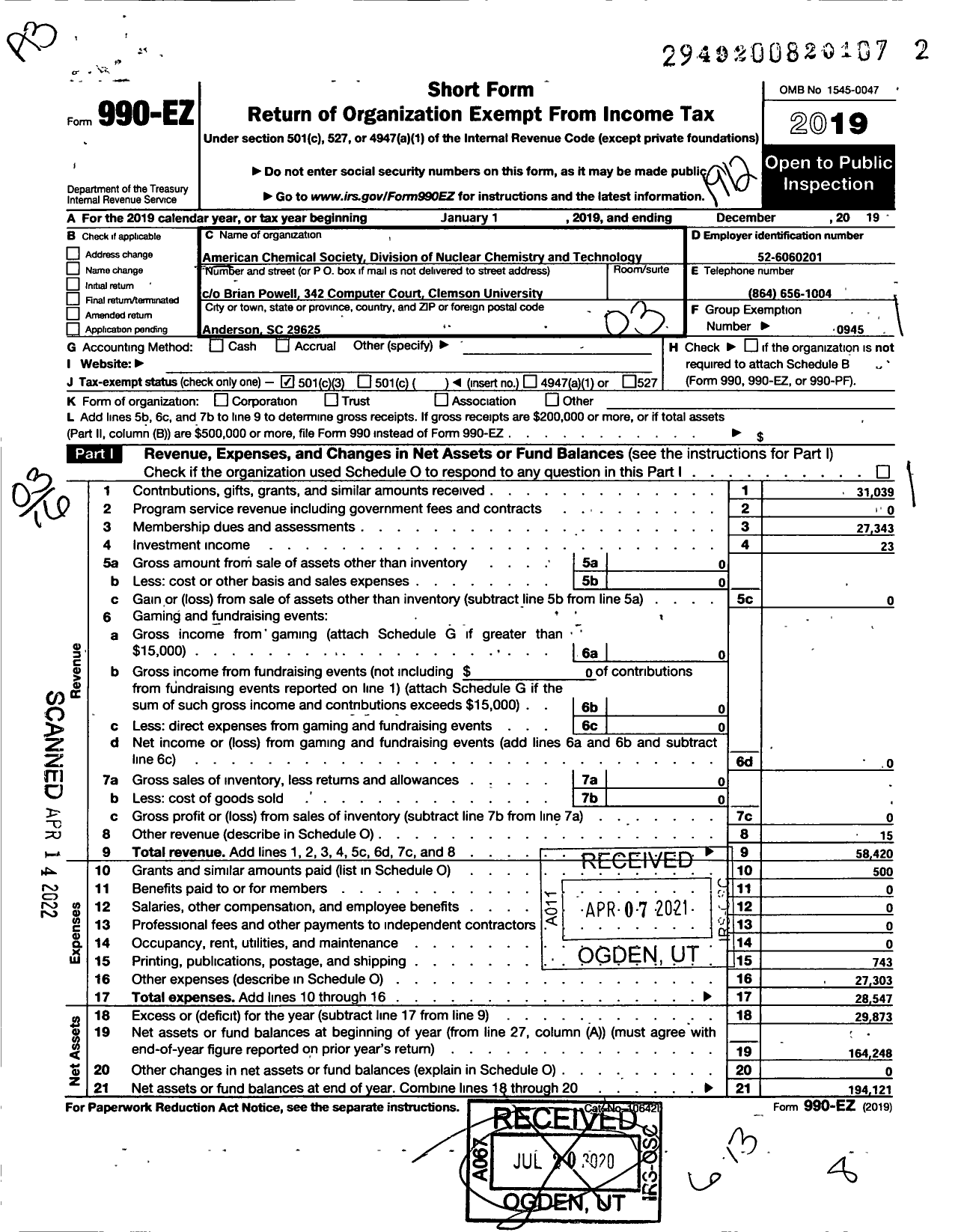 Image of first page of 2019 Form 990EZ for American Chemical Society - Nuclear Chemistry & Technology Divi