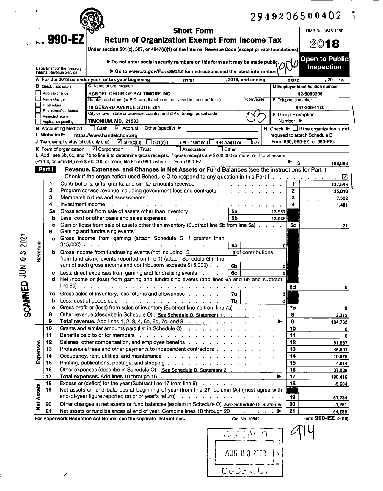 Image of first page of 2018 Form 990EZ for Handel Choir of Baltimore