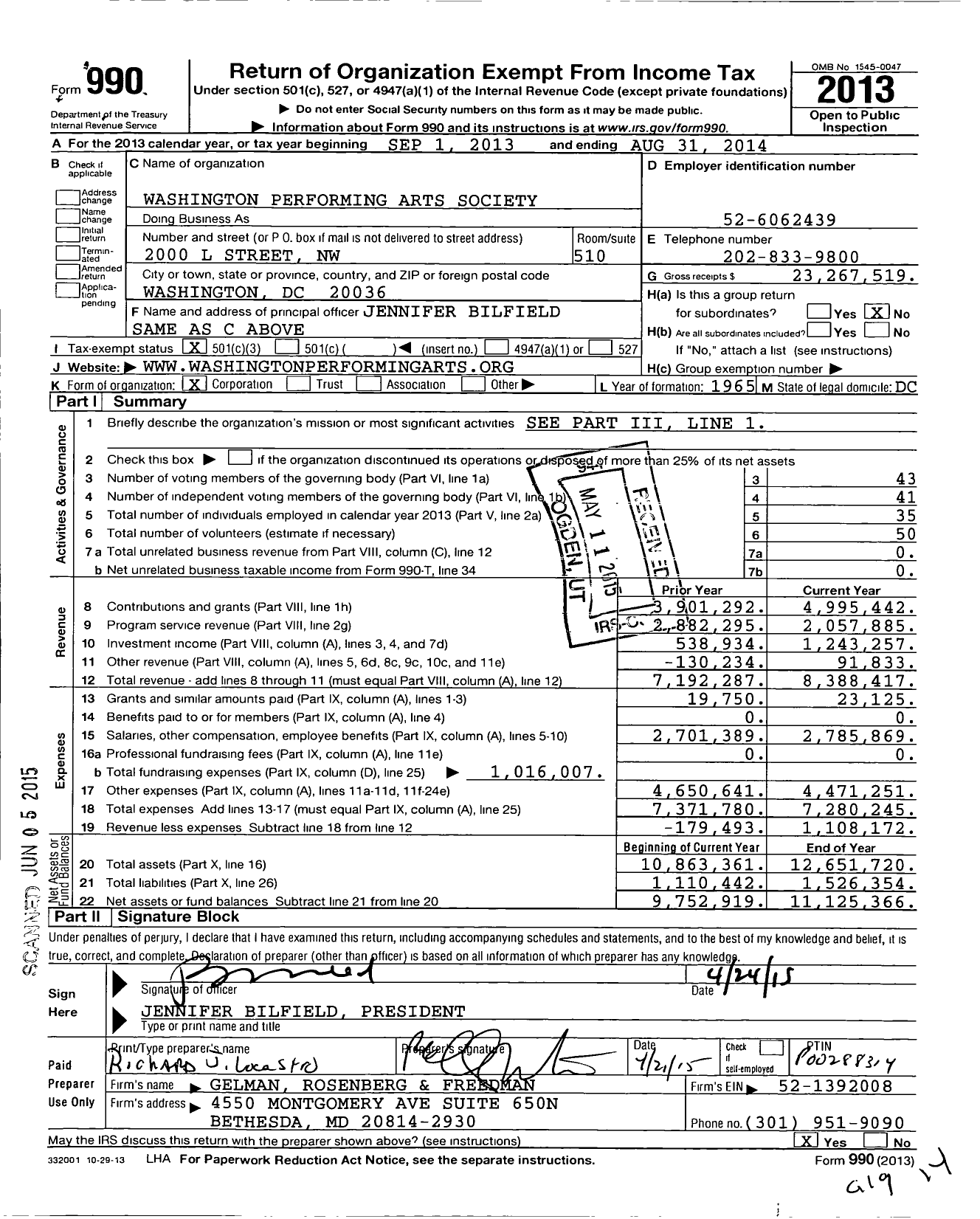 Image of first page of 2013 Form 990 for Washington Performing Arts
