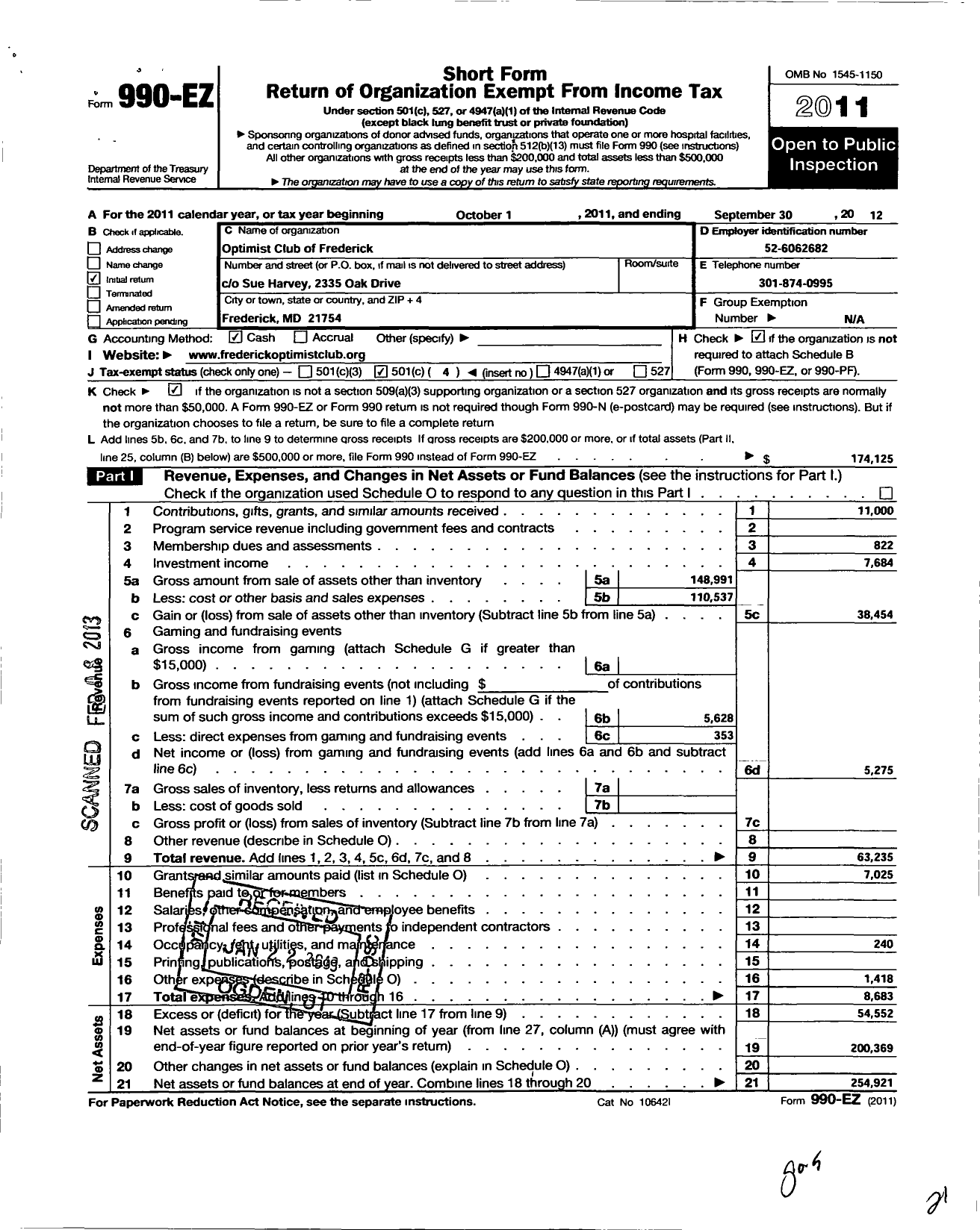 Image of first page of 2011 Form 990EO for Optimist International - 33090 Oc of Frederick MD