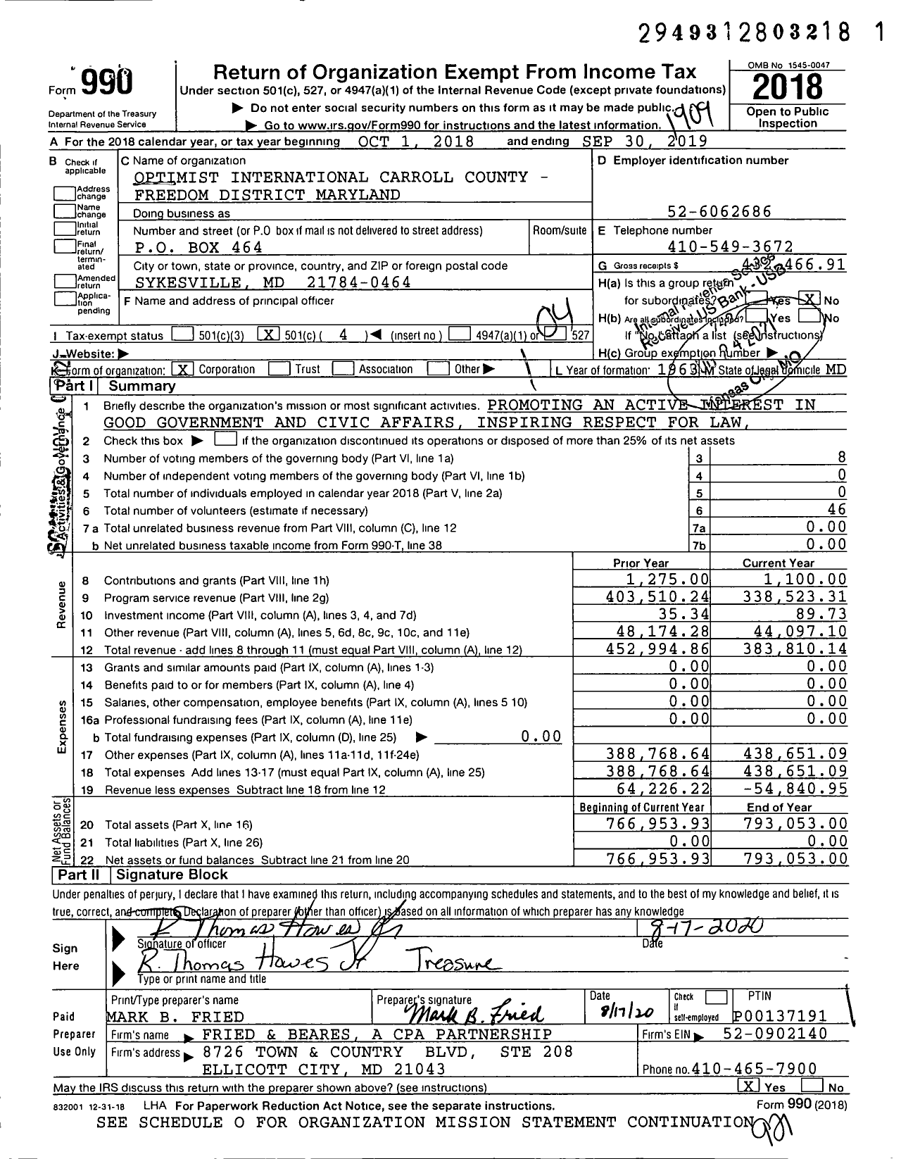 Image of first page of 2018 Form 990O for Optimist International - 33095 Oc of Carroll County-Freedom