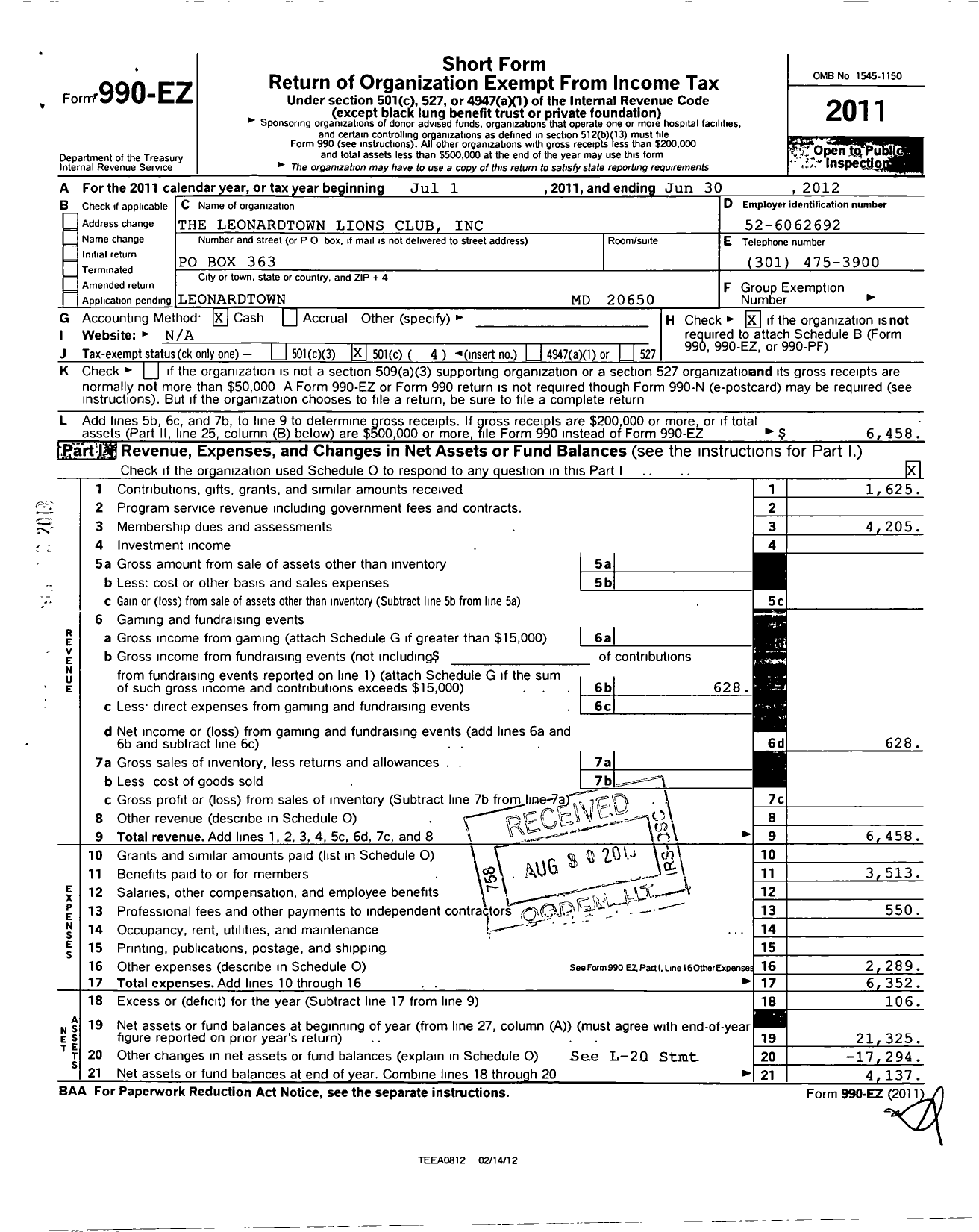 Image of first page of 2011 Form 990EO for Lions Clubs - 8830 Leonardtown Maryland