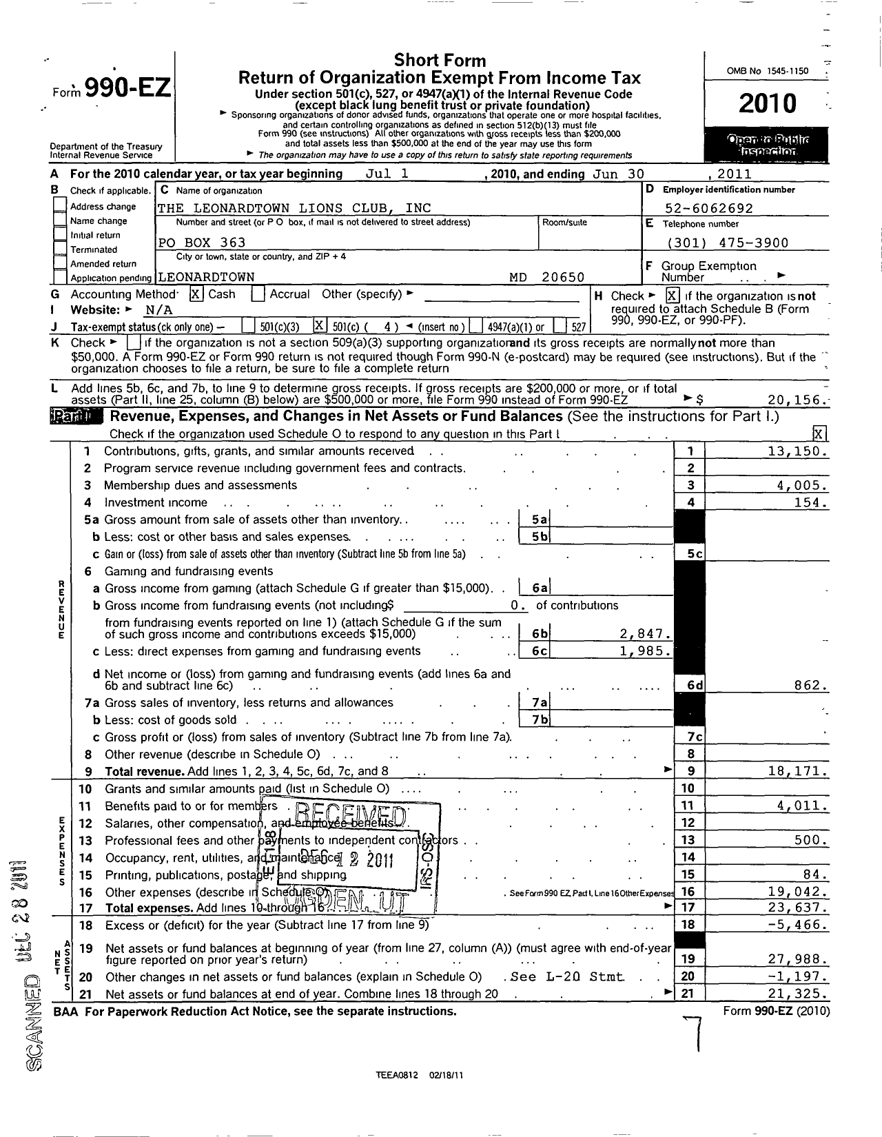Image of first page of 2010 Form 990EO for Lions Clubs - 8830 Leonardtown Maryland