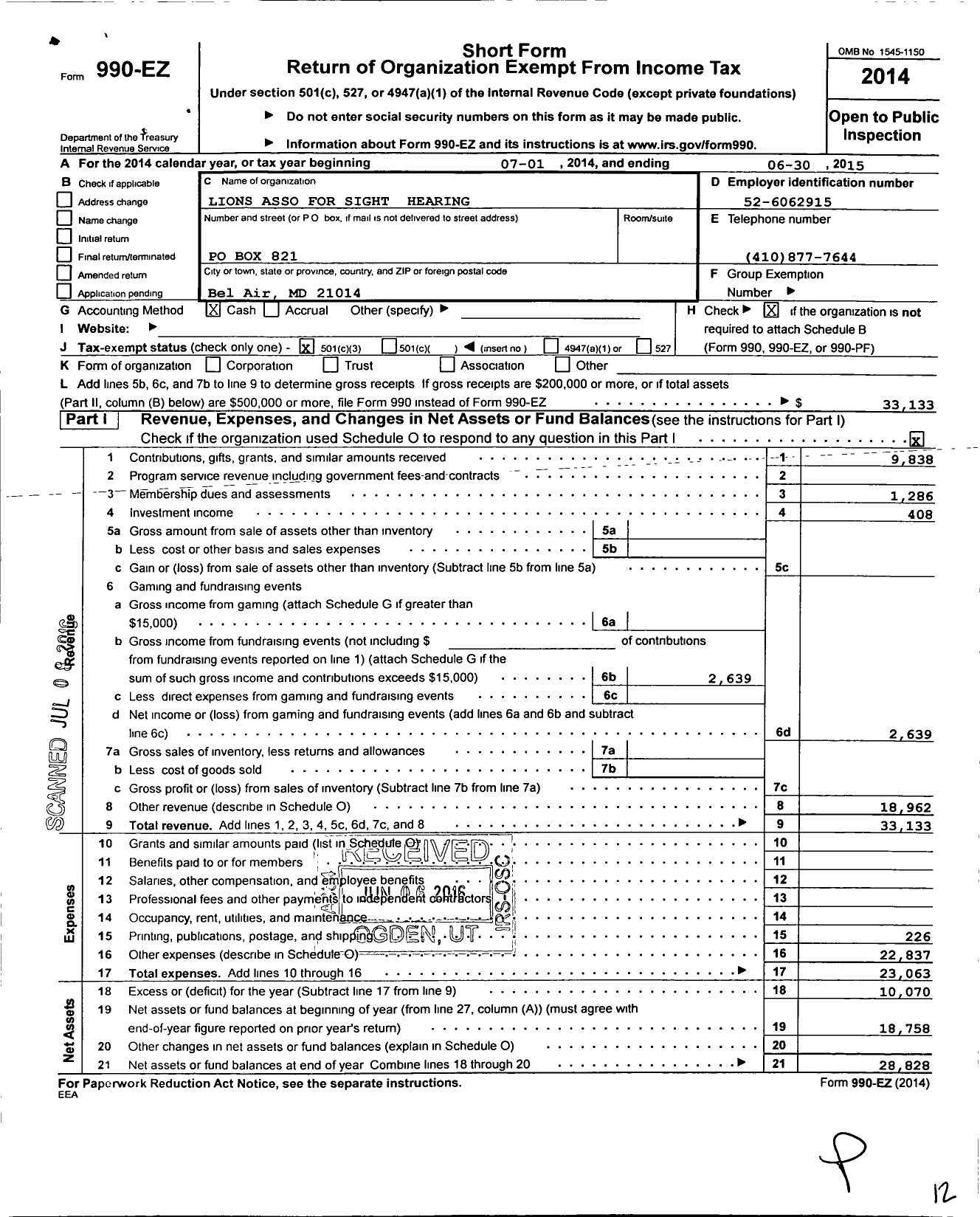 Image of first page of 2014 Form 990EZ for Lions Association for Sight and Hearing of Maryland