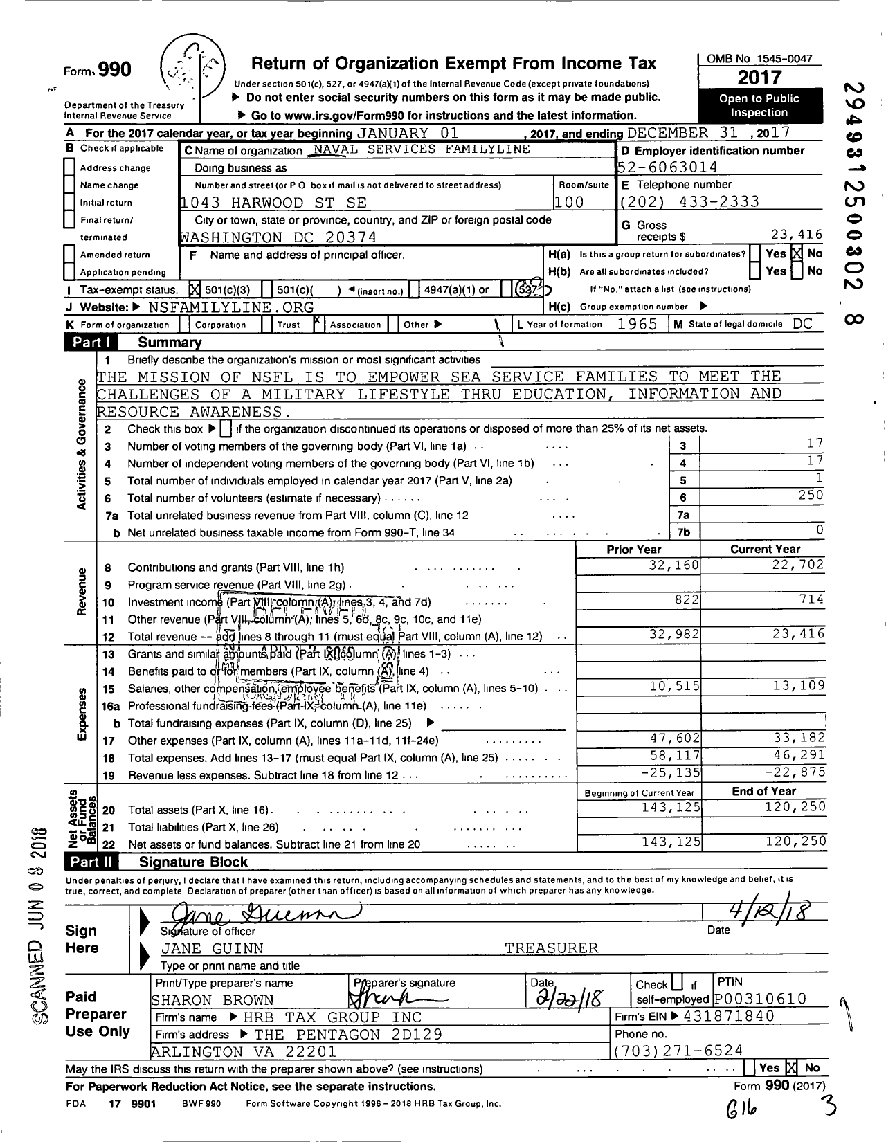 Image of first page of 2017 Form 990 for Naval Services Familyline