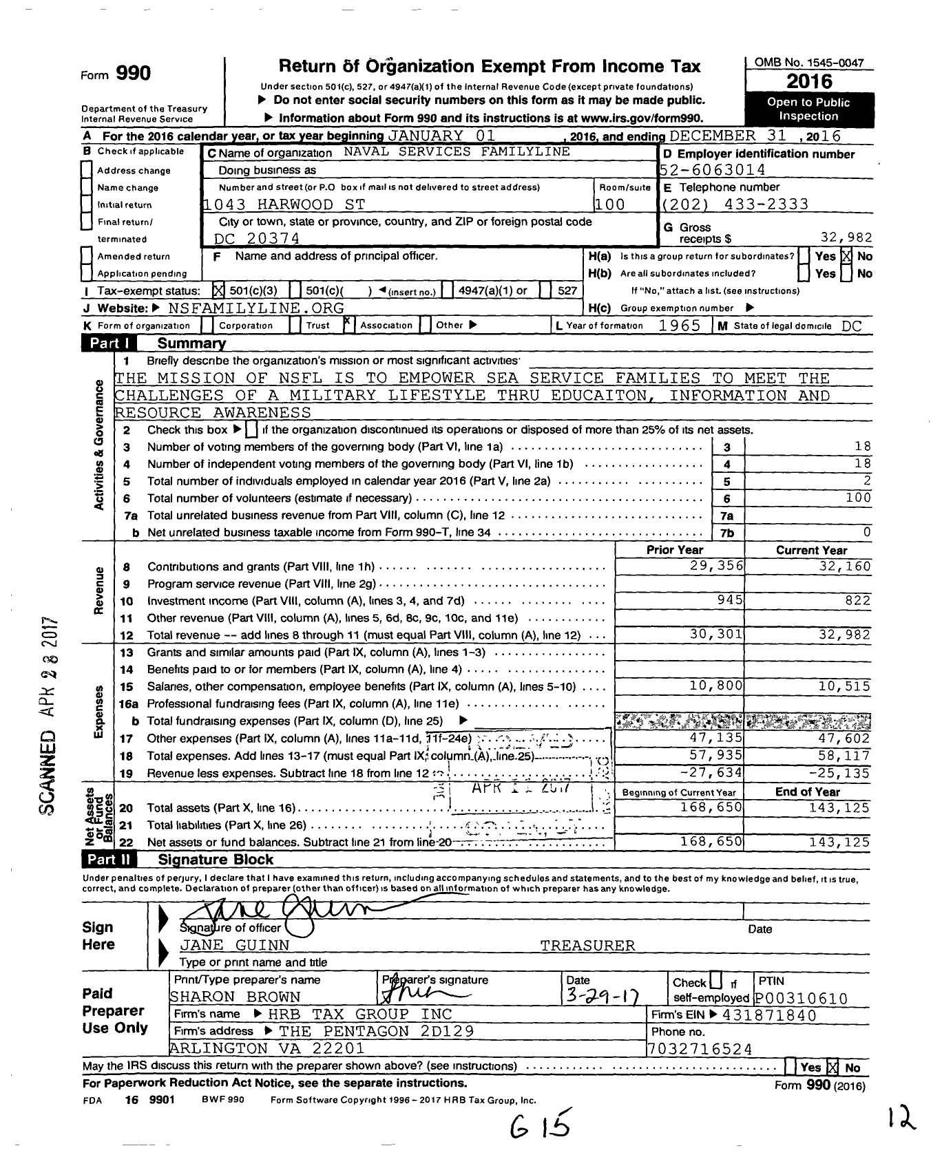 Image of first page of 2016 Form 990 for Naval Services Familyline