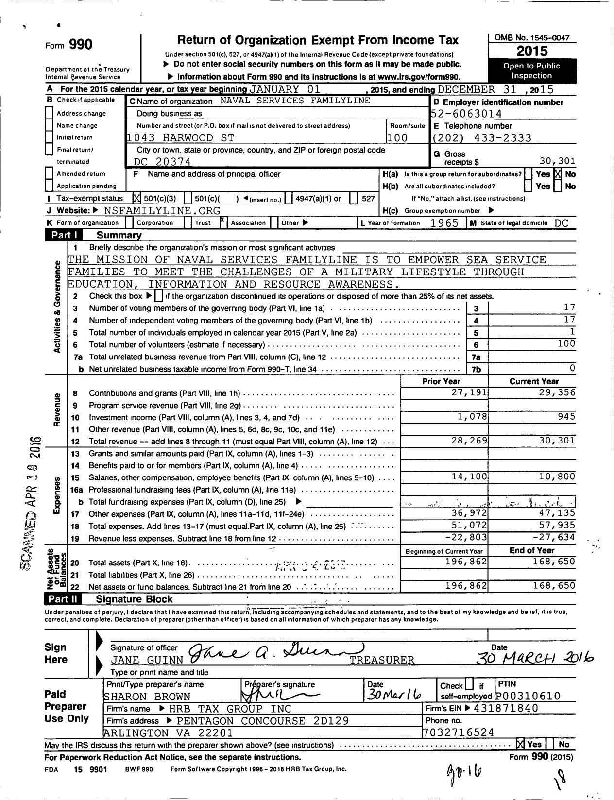 Image of first page of 2015 Form 990 for Naval Services Familyline