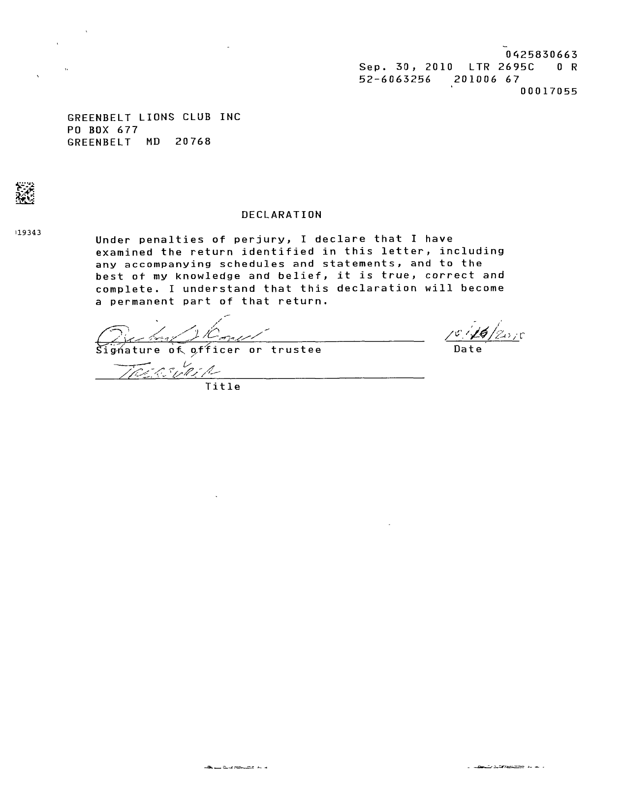 Image of first page of 2009 Form 990EOR for Lions Clubs - 8821 Greenbelt Maryland