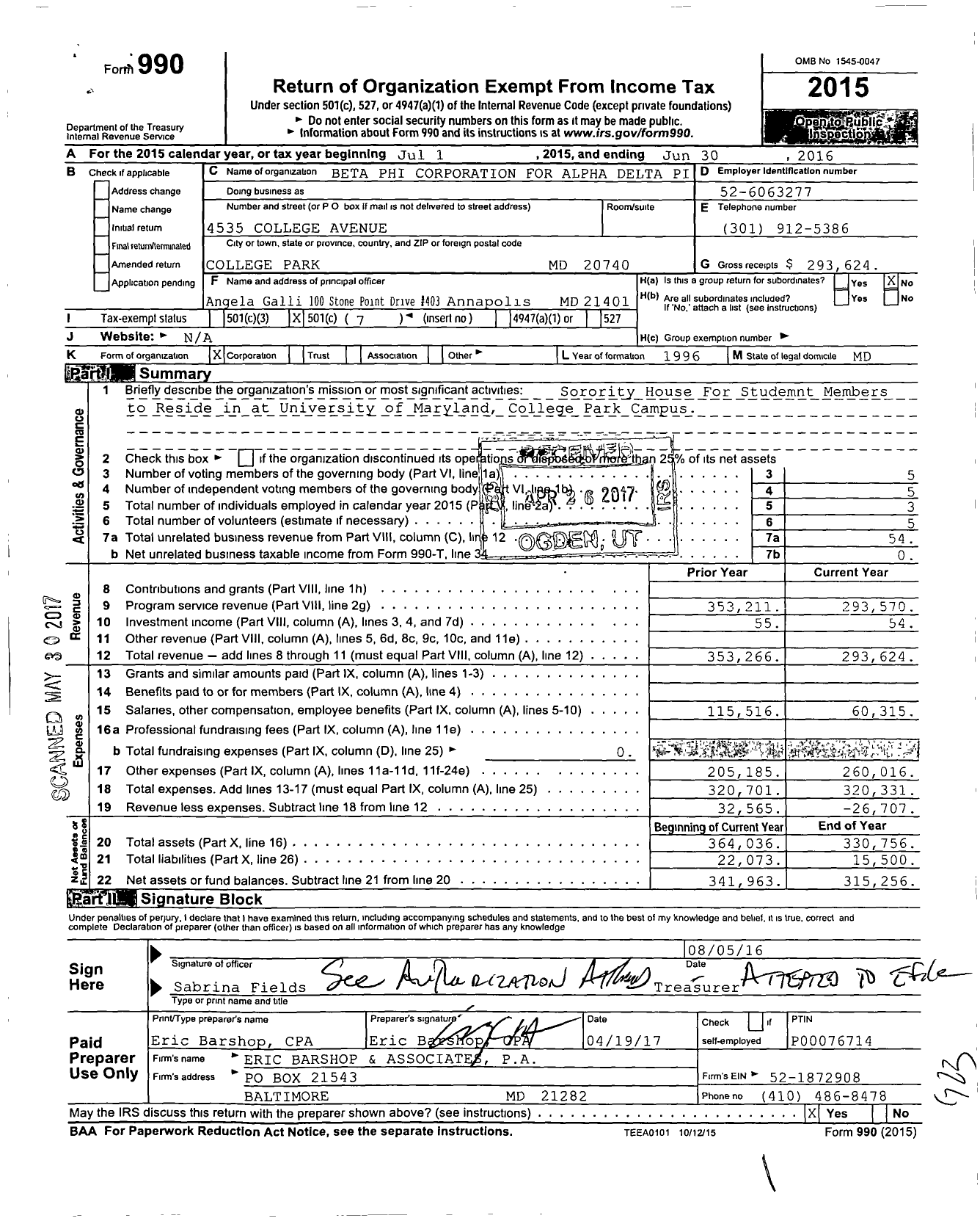 Image of first page of 2015 Form 990O for Beta Phi Corporation for Alpha Delta Pi