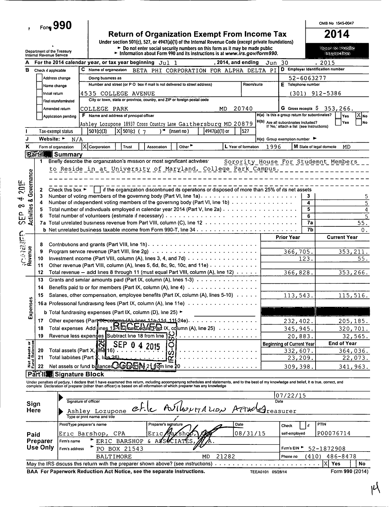 Image of first page of 2014 Form 990O for Beta Phi Corporation for Alpha Delta Pi