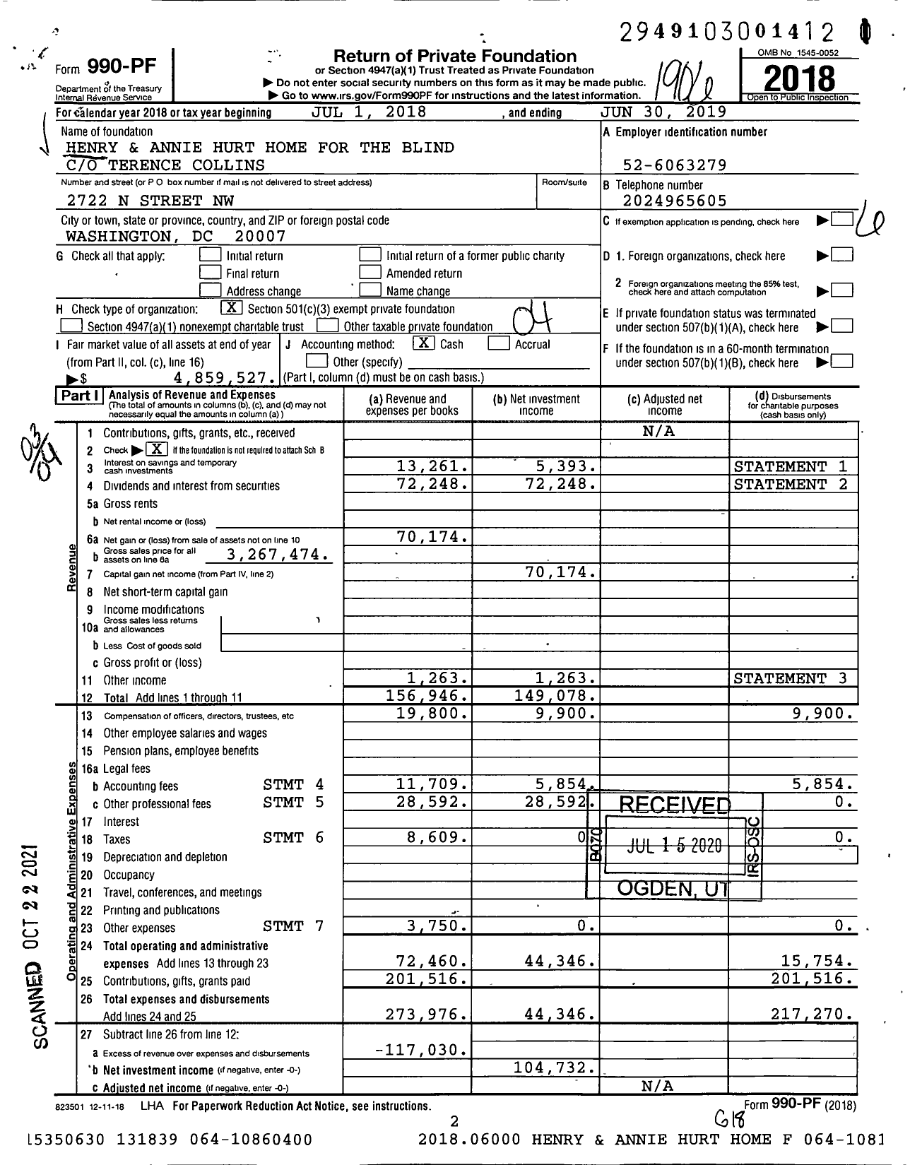 Image of first page of 2018 Form 990PF for Henry and Annie Hurt Home for the Blind