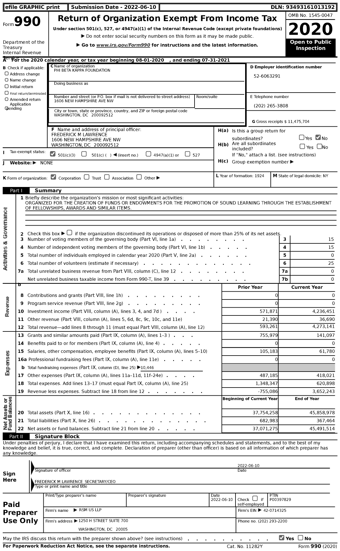 Image of first page of 2020 Form 990 for Phi Beta Kappa Foundation