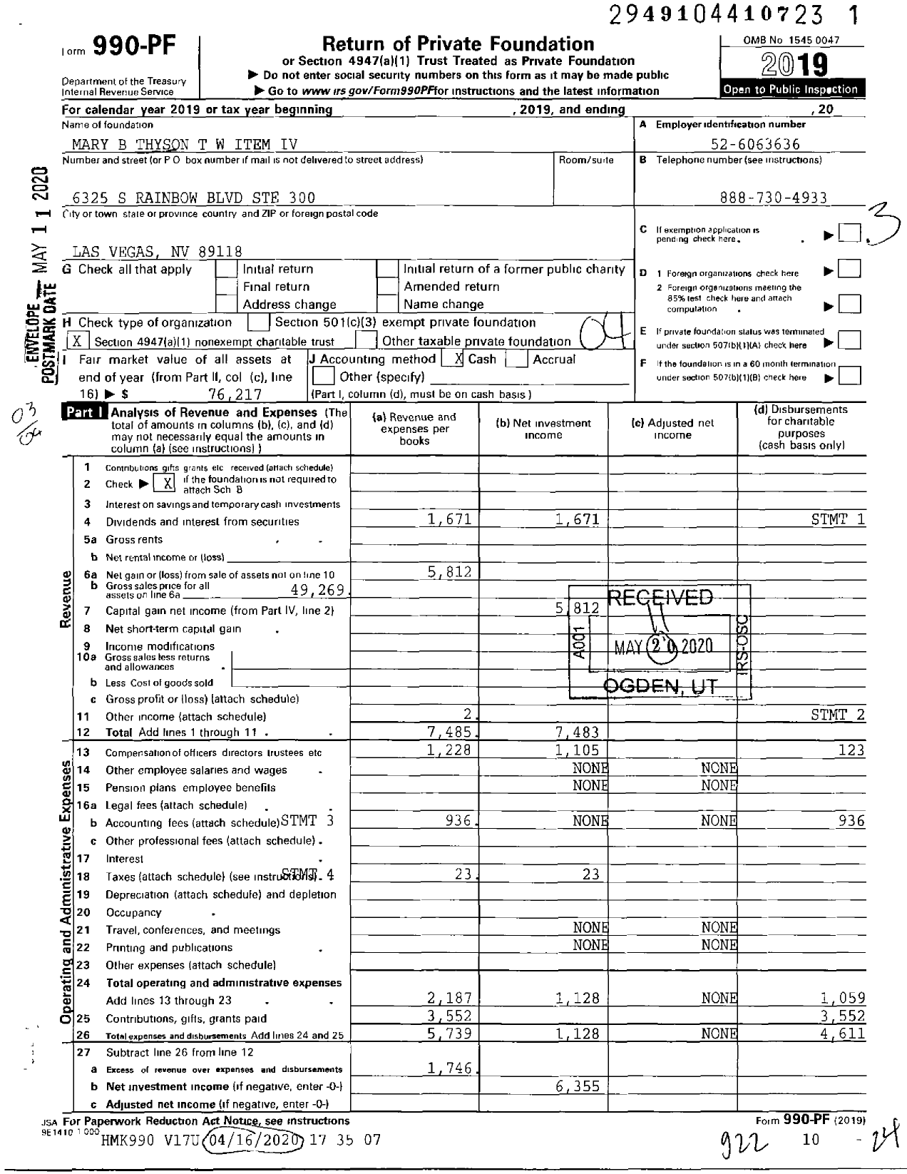 Image of first page of 2019 Form 990PF for Mary B Thyson T W Item Iv