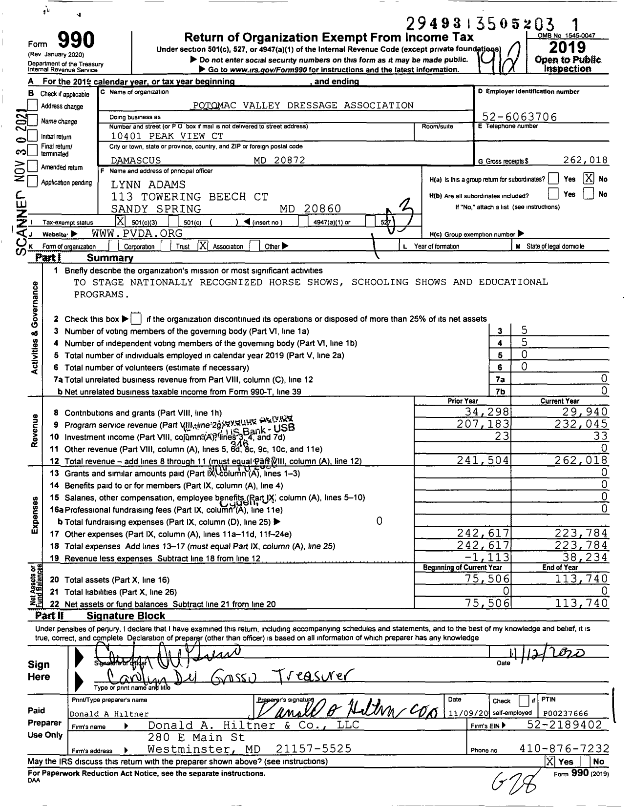 Image of first page of 2019 Form 990 for Potomac Valley Dressage Association