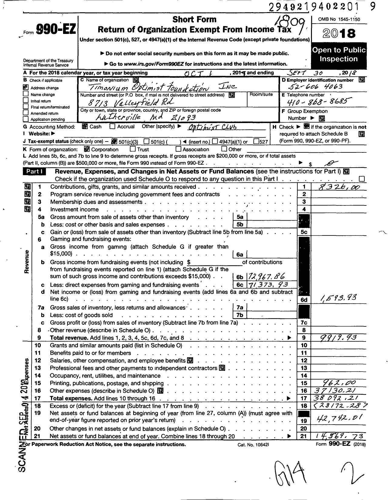 Image of first page of 2017 Form 990EZ for Timonium Optimist Foundation