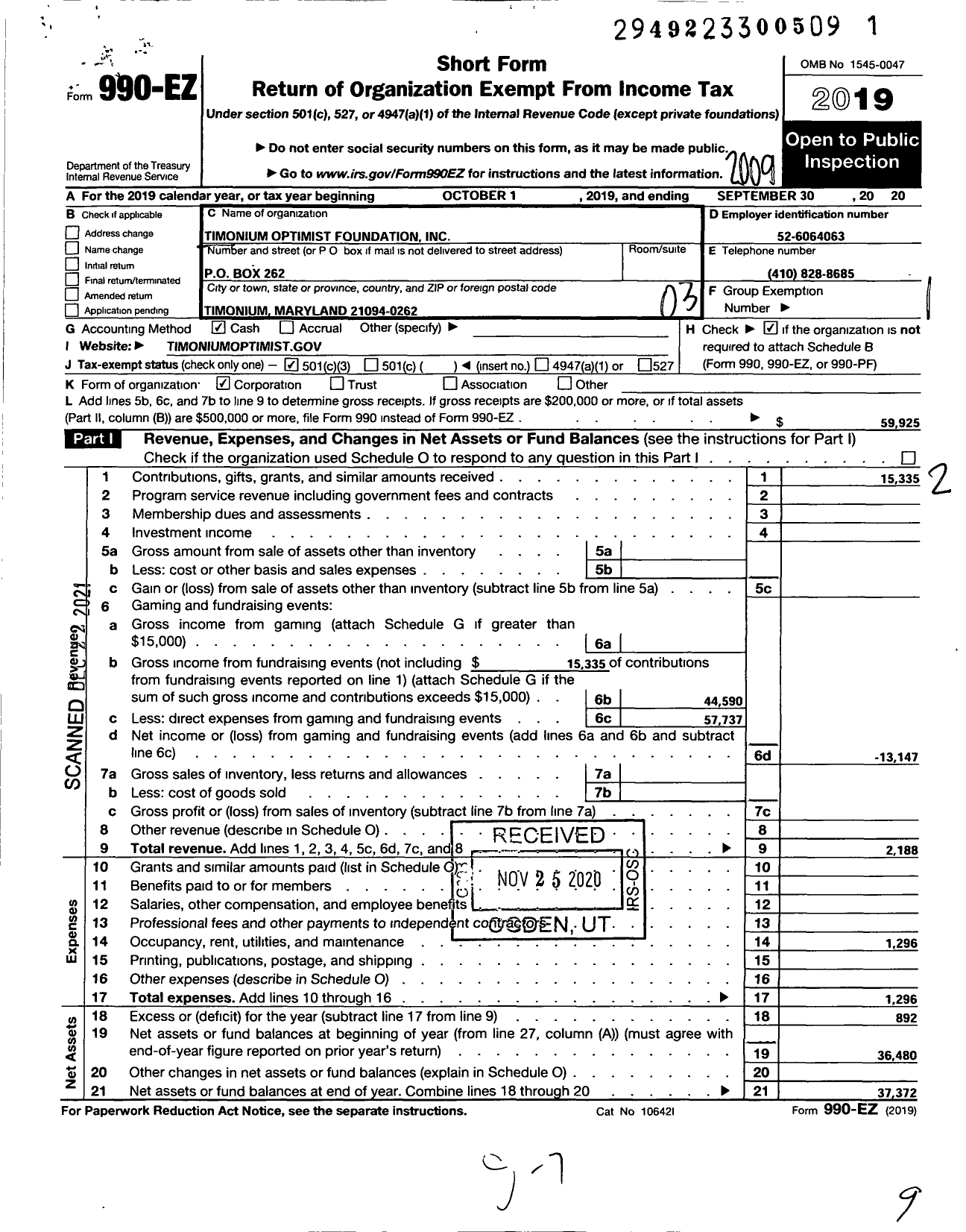 Image of first page of 2019 Form 990EZ for Timonium Optimist Foundation