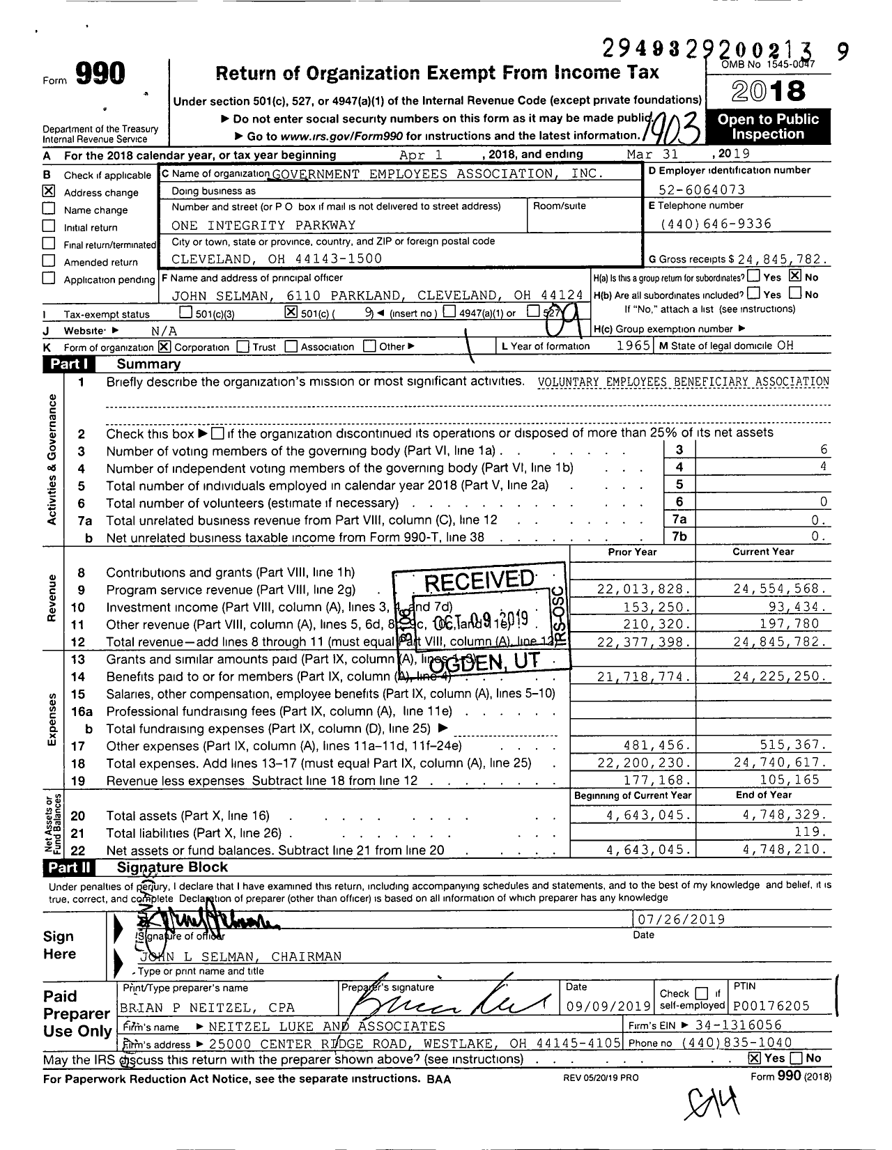 Image of first page of 2018 Form 990O for Government Employees Association