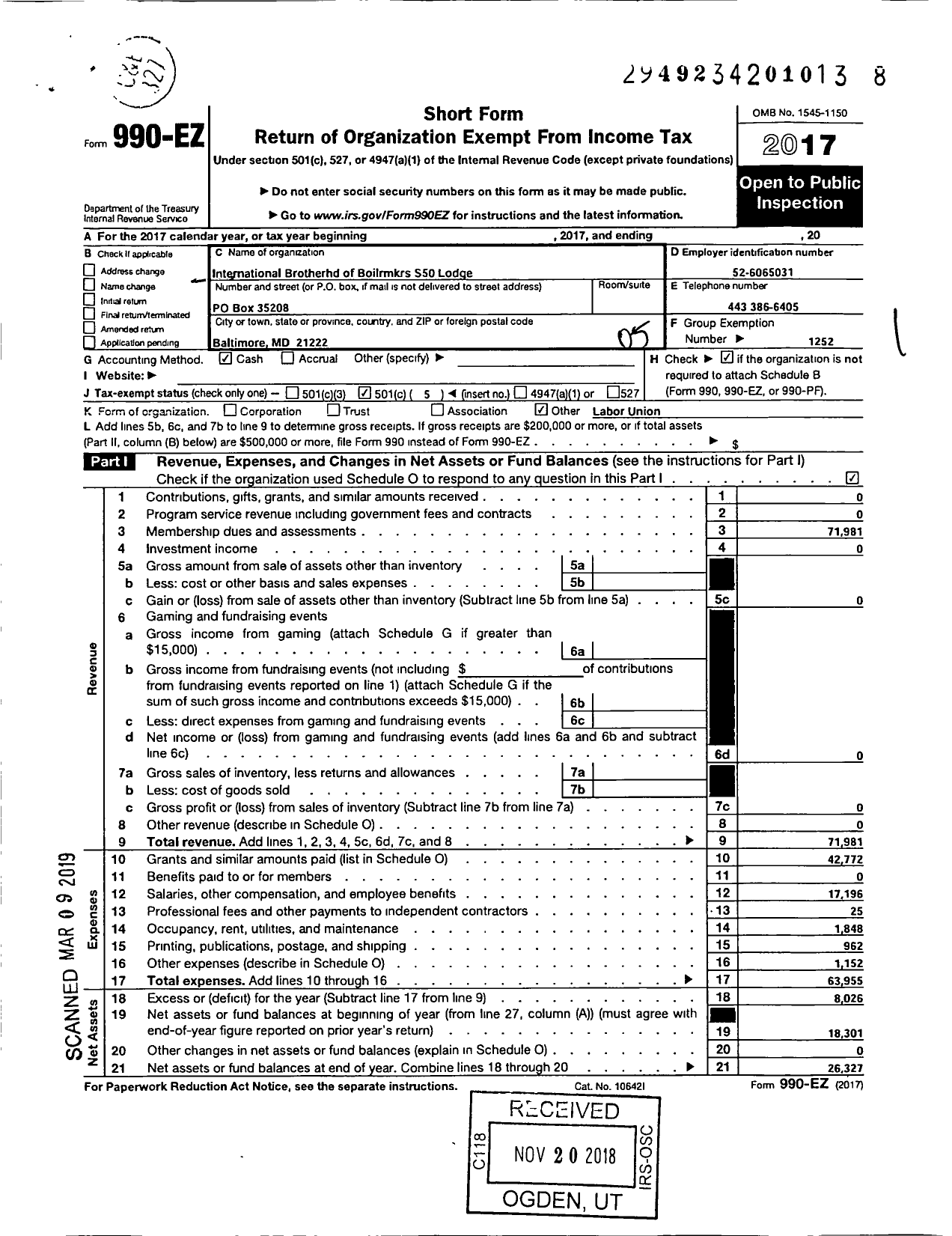 Image of first page of 2017 Form 990EO for International Brotherhood of Boilermakers - S50 Lodge