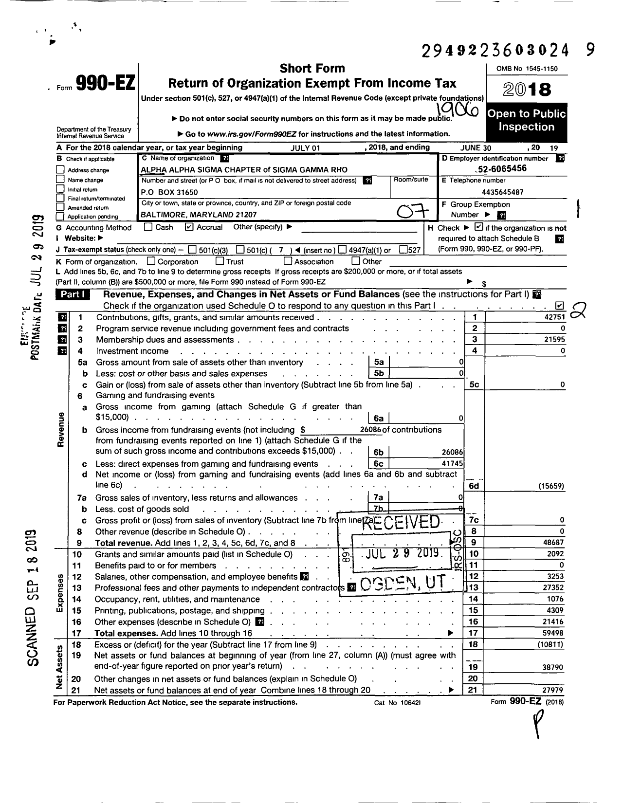 Image of first page of 2018 Form 990EO for Sigma Gamma Rho Sorority / Alpha Alpha Sigma Chapter