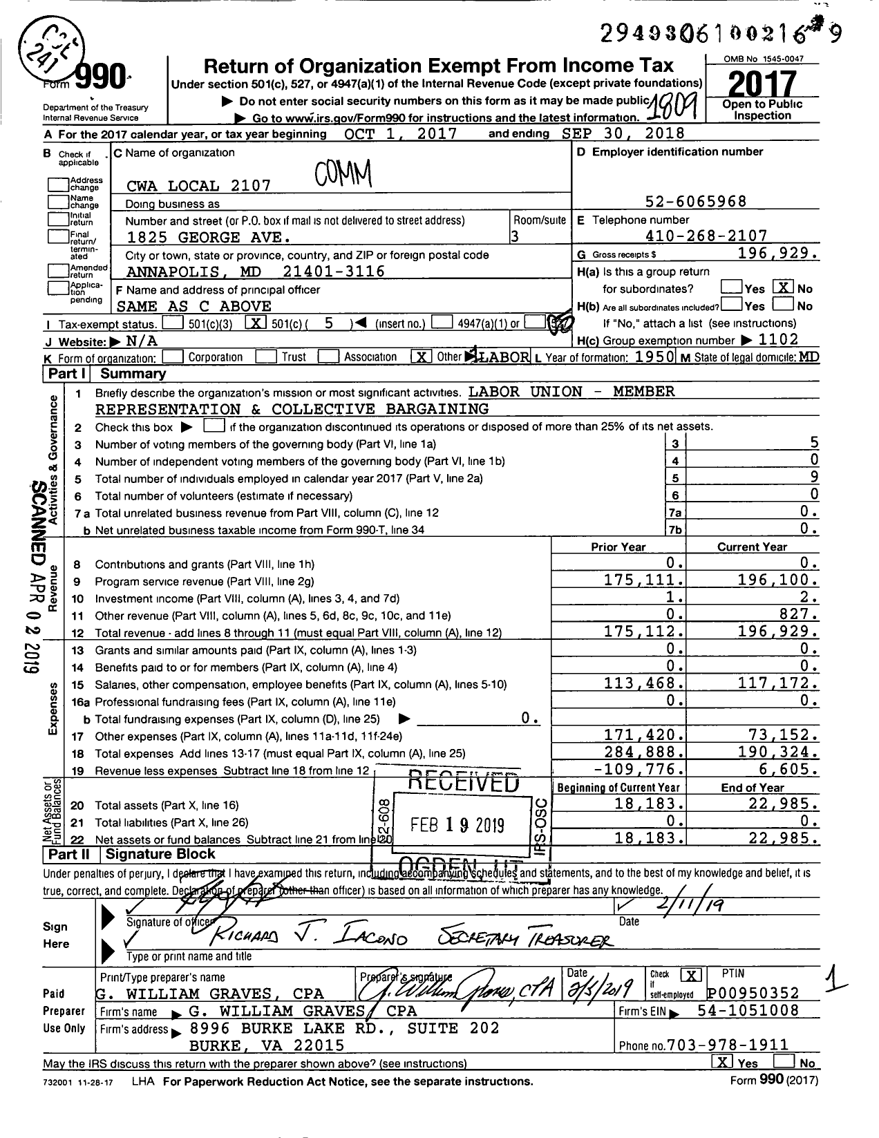 Image of first page of 2017 Form 990O for Communications Workers of America - 2107 Local