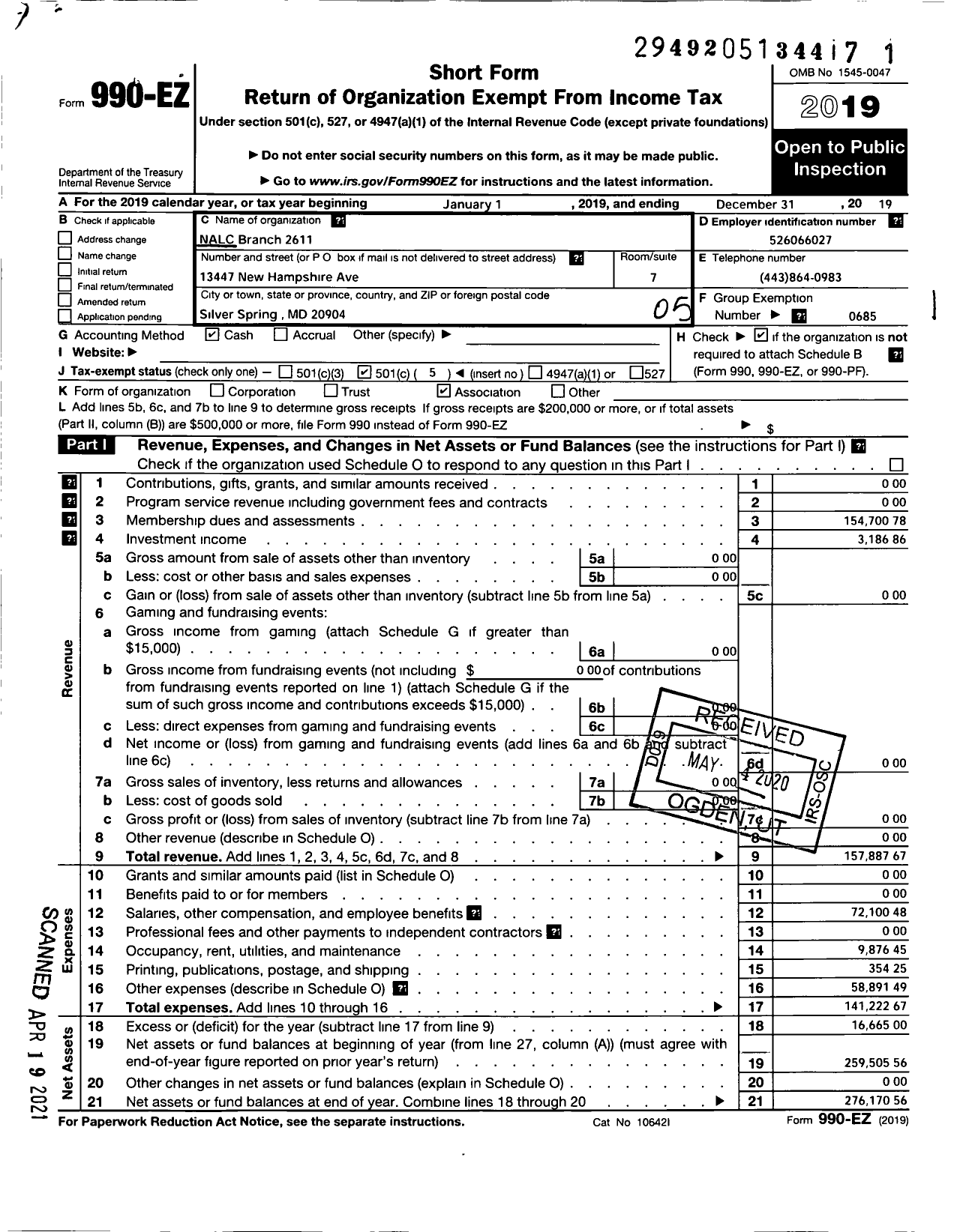 Image of first page of 2019 Form 990EO for National Association of Letter Carriers - 2611 Silver Spring Maryland