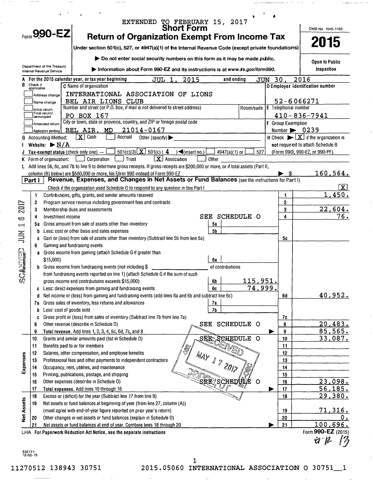 Image of first page of 2015 Form 990EO for Lions Clubs - 8724 Bel Air Maryland