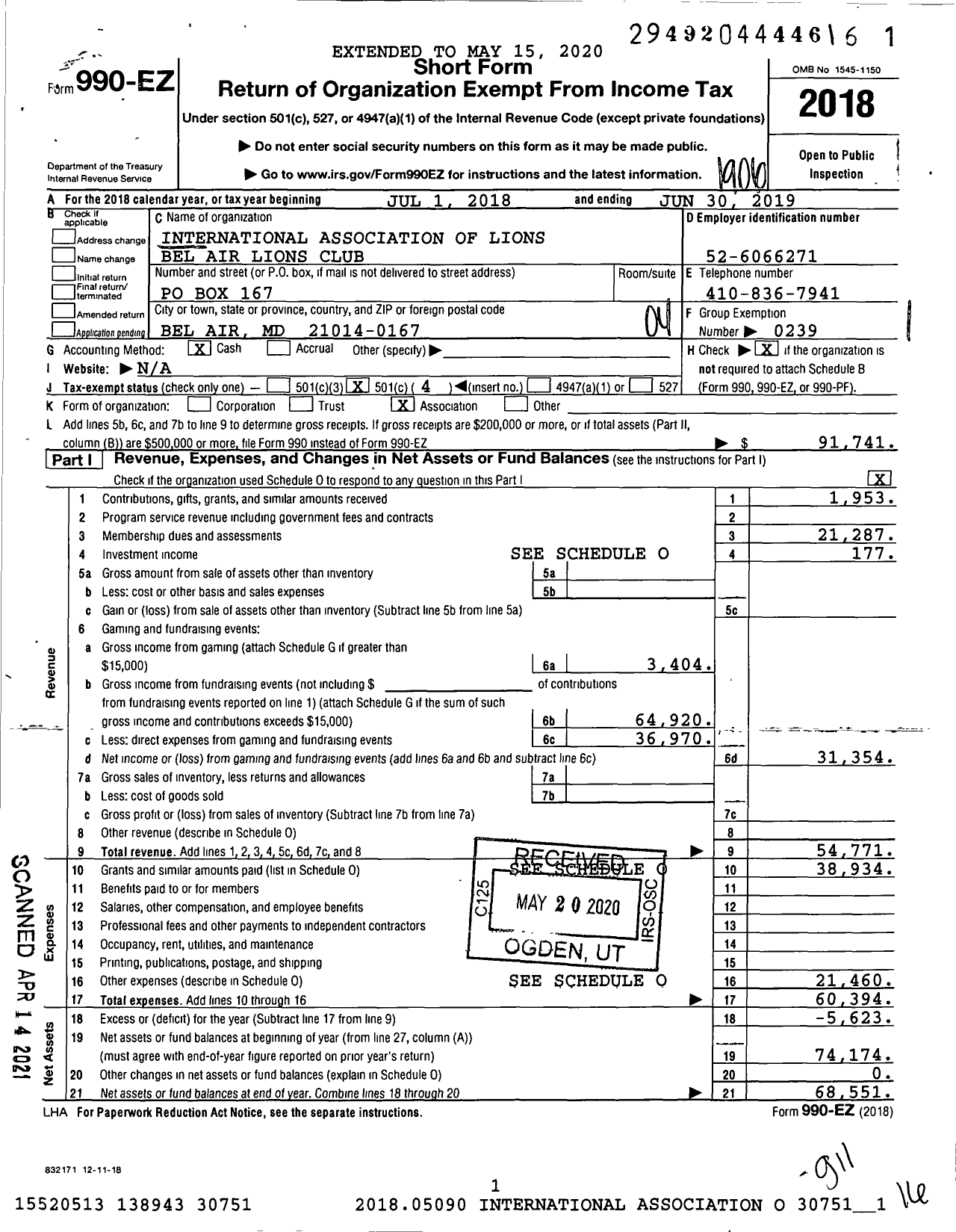Image of first page of 2018 Form 990EO for Lions Clubs - 8724 Bel Air Maryland