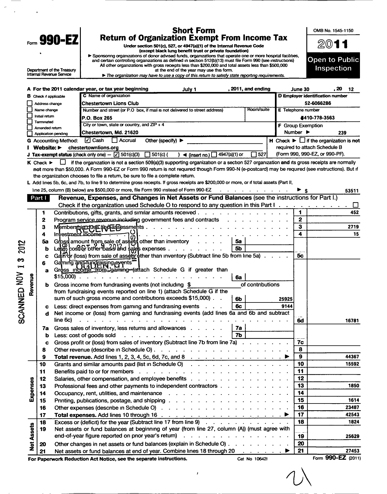 Image of first page of 2011 Form 990EZ for Lions Clubs - 8766 Chestertown Maryland