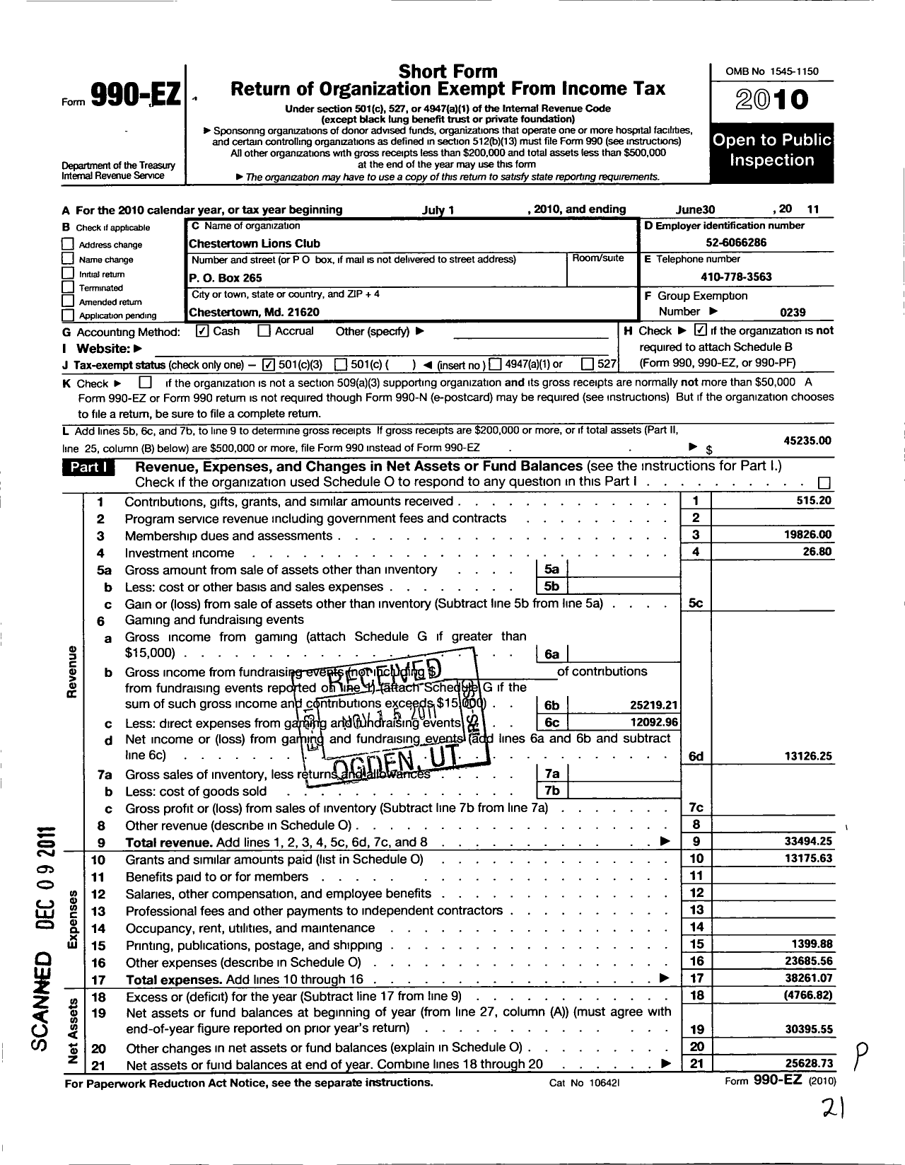 Image of first page of 2010 Form 990EZ for Lions Clubs - 8766 Chestertown Maryland