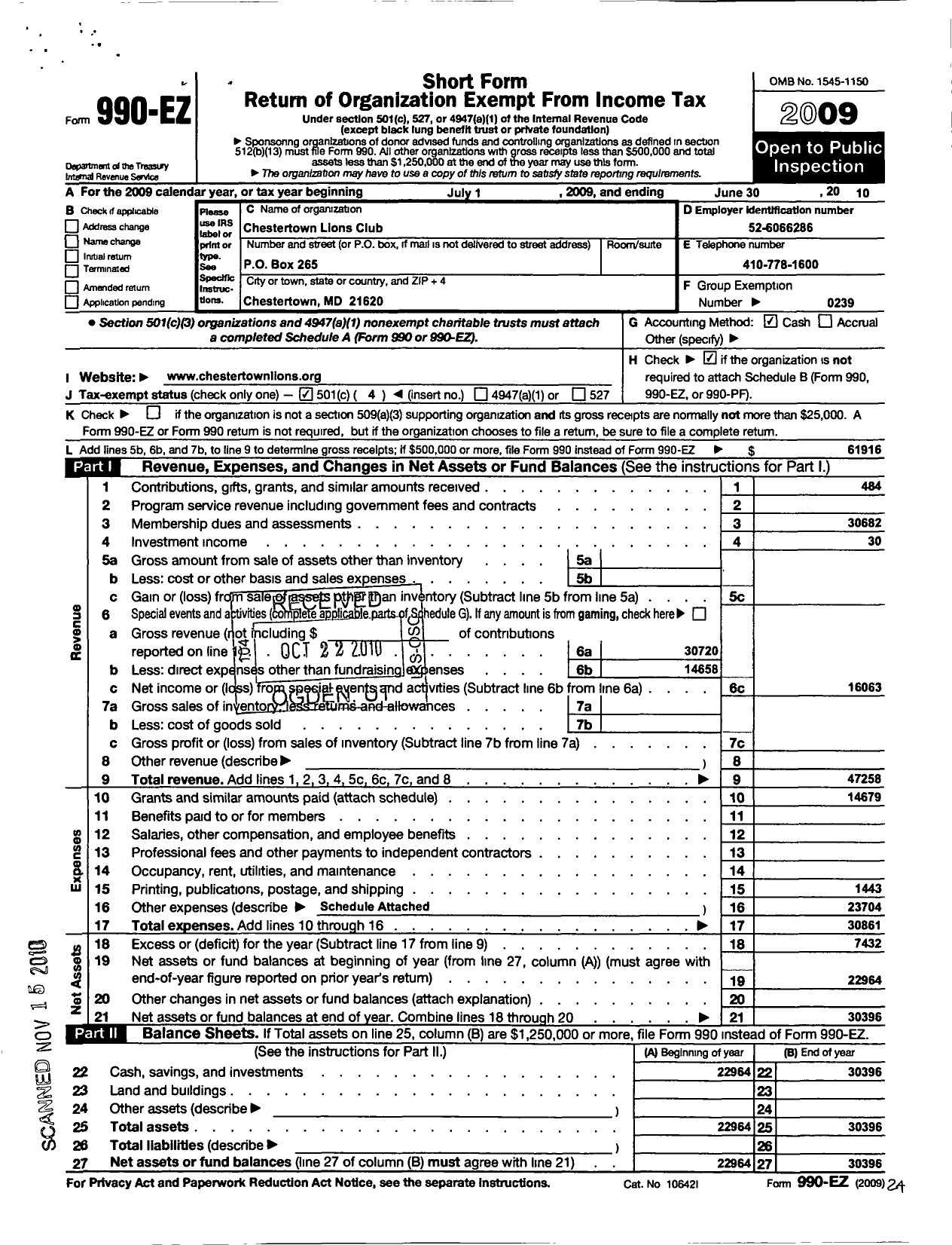 Image of first page of 2009 Form 990EO for Lions Clubs - 8766 Chestertown Maryland